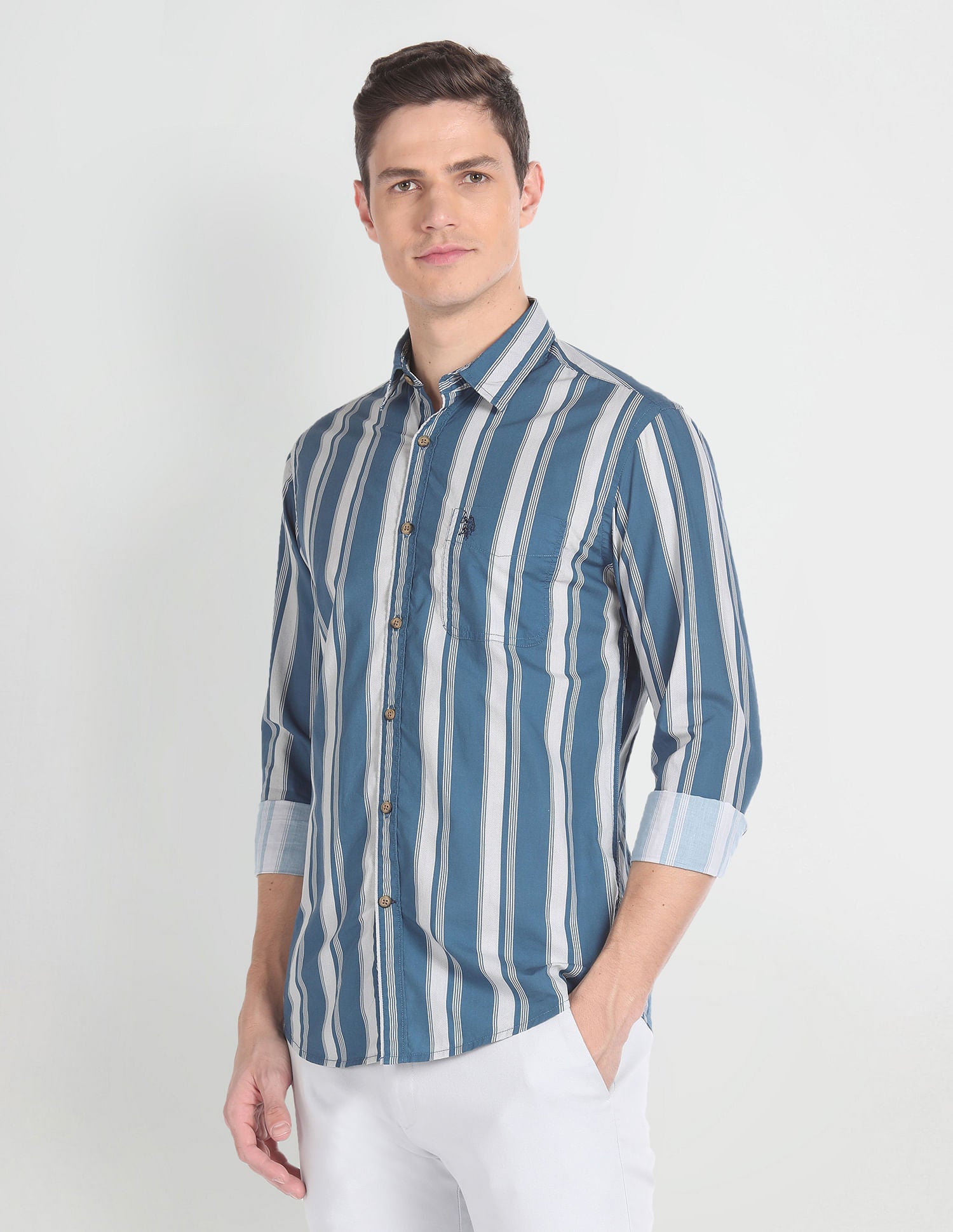 Vertical Stripe Cotton Shirt Dark Blue - U.S. POLO ASSN. | Large