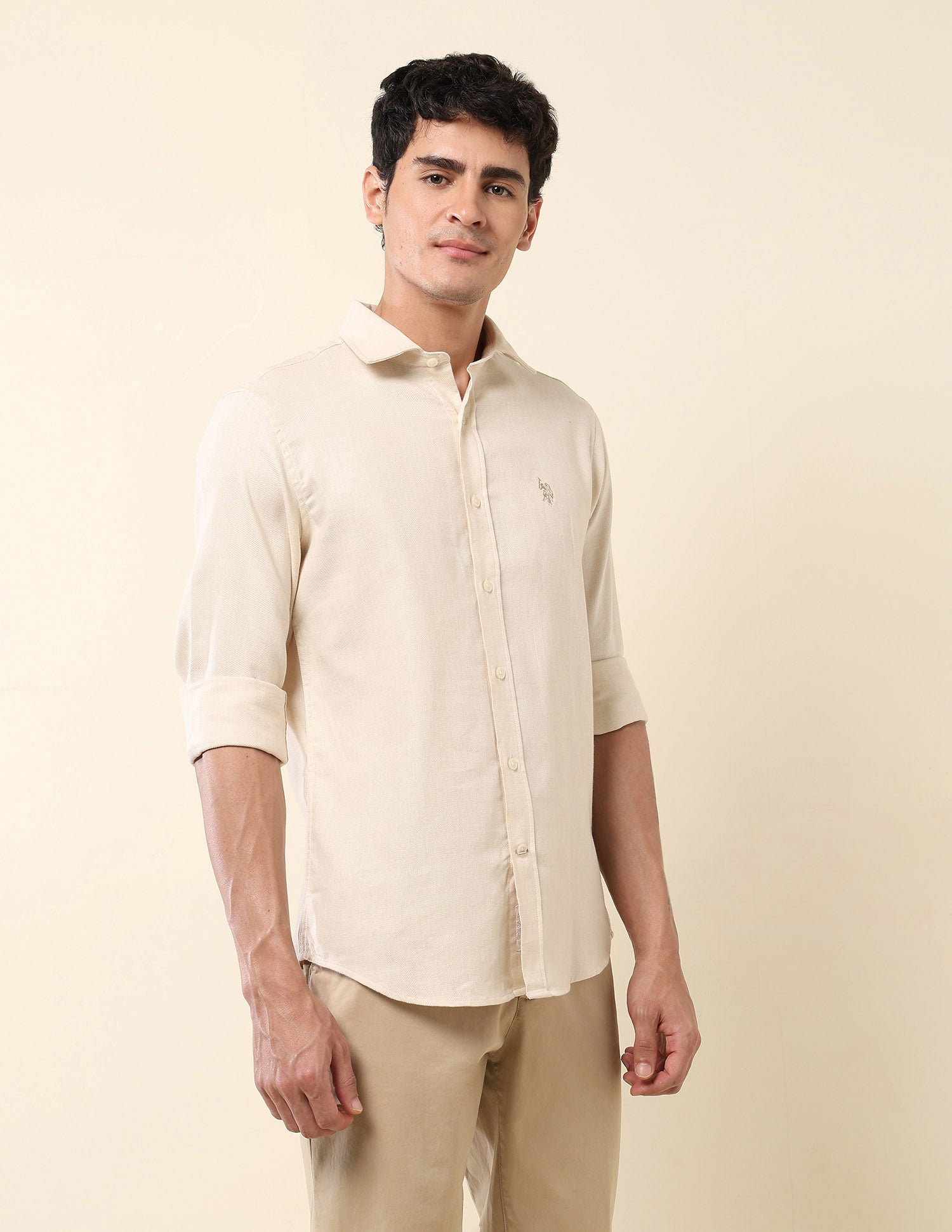 Tailored Fit Pure Cotton Dobby Shirt Khaki - U.S. Polo Assn. India | Large