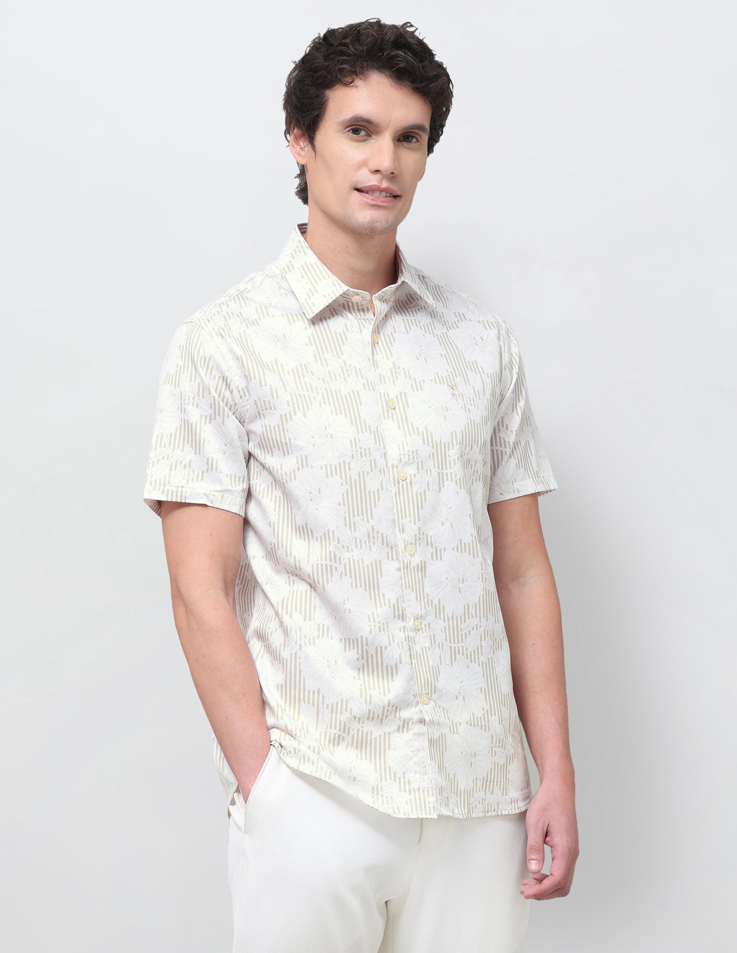 Vertical Striped With Floral Printed Satin Shirt Beige - U.S. Polo Assn. India | Large