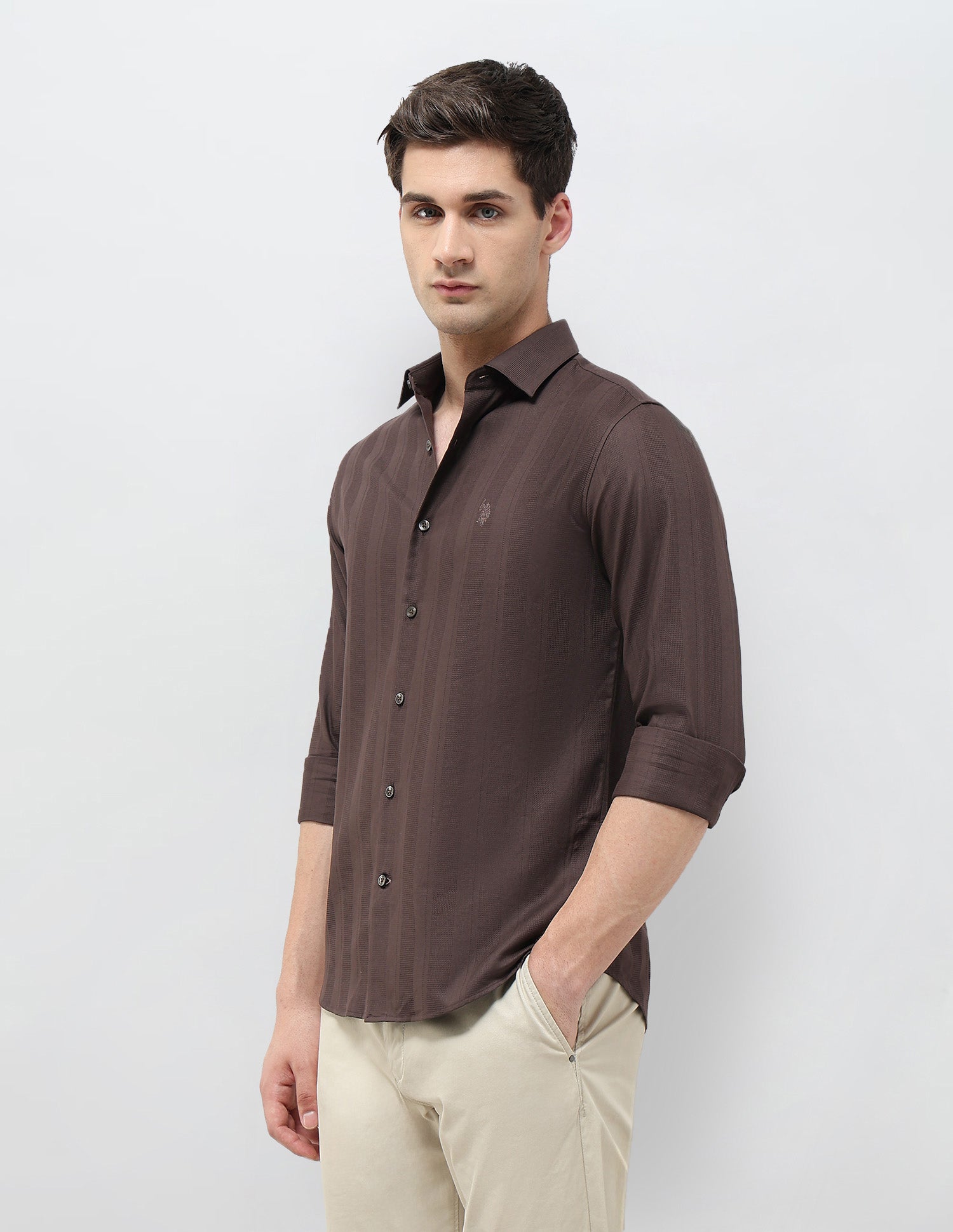 Textured Vertical Striped Dobby Shirt Brown - U.S. POLO ASSN. | Large