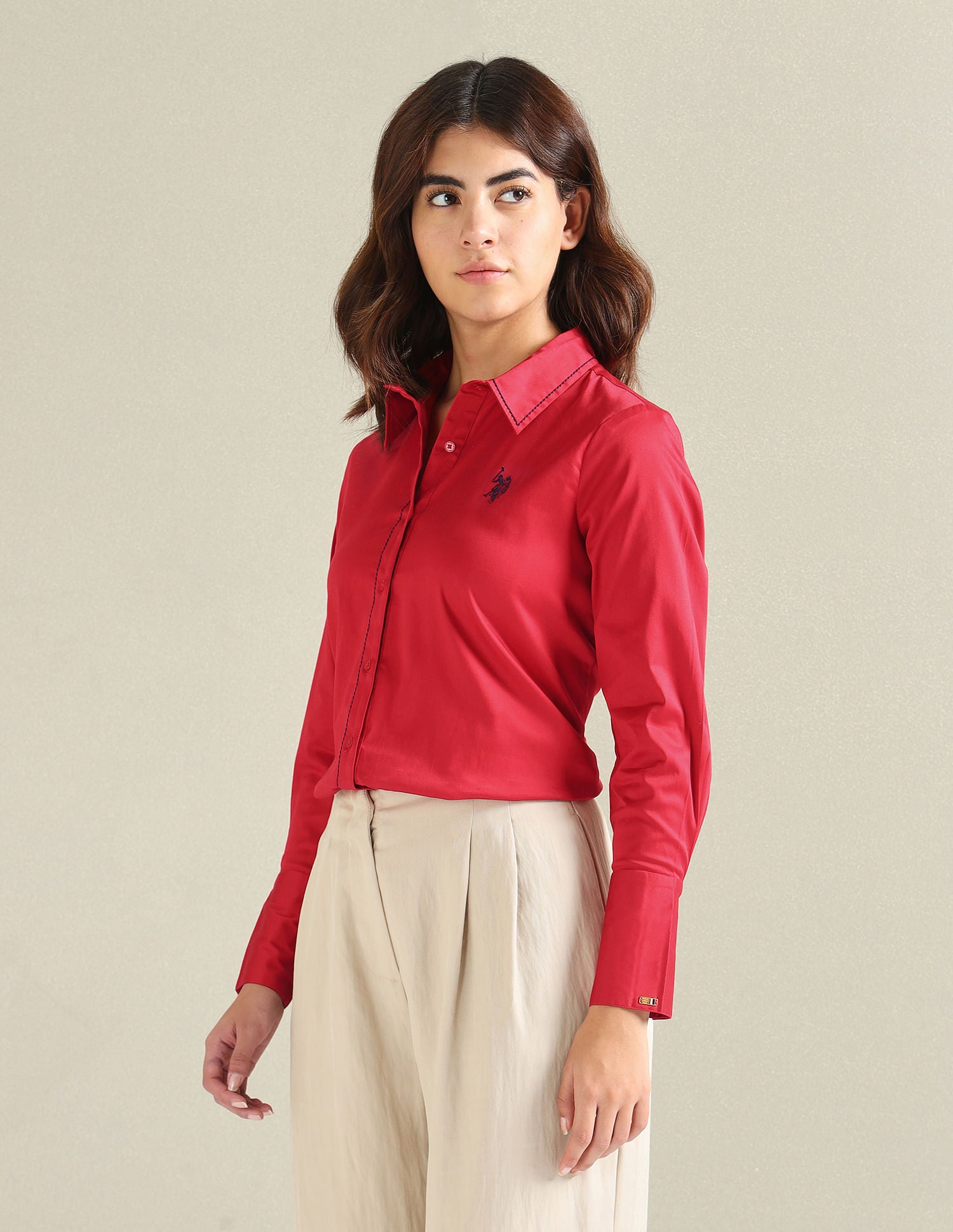 Saddle Stitch Satin Solid Shirt Red - U.S. POLO ASSN. | Large