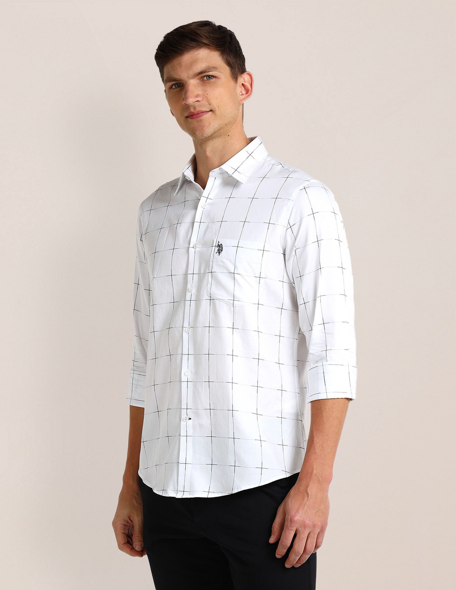 Tailored Fit Cotton Checked Shirt White - U.S. Polo Assn. India | Large