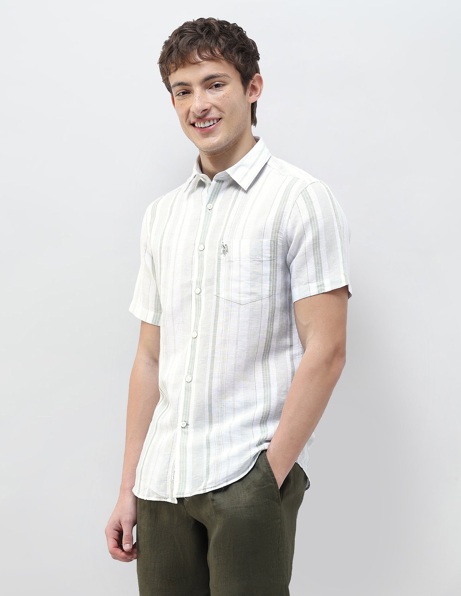 Vertical Striped Regular Fit Shirt Light Green - U.S. Polo Assn. India | Large