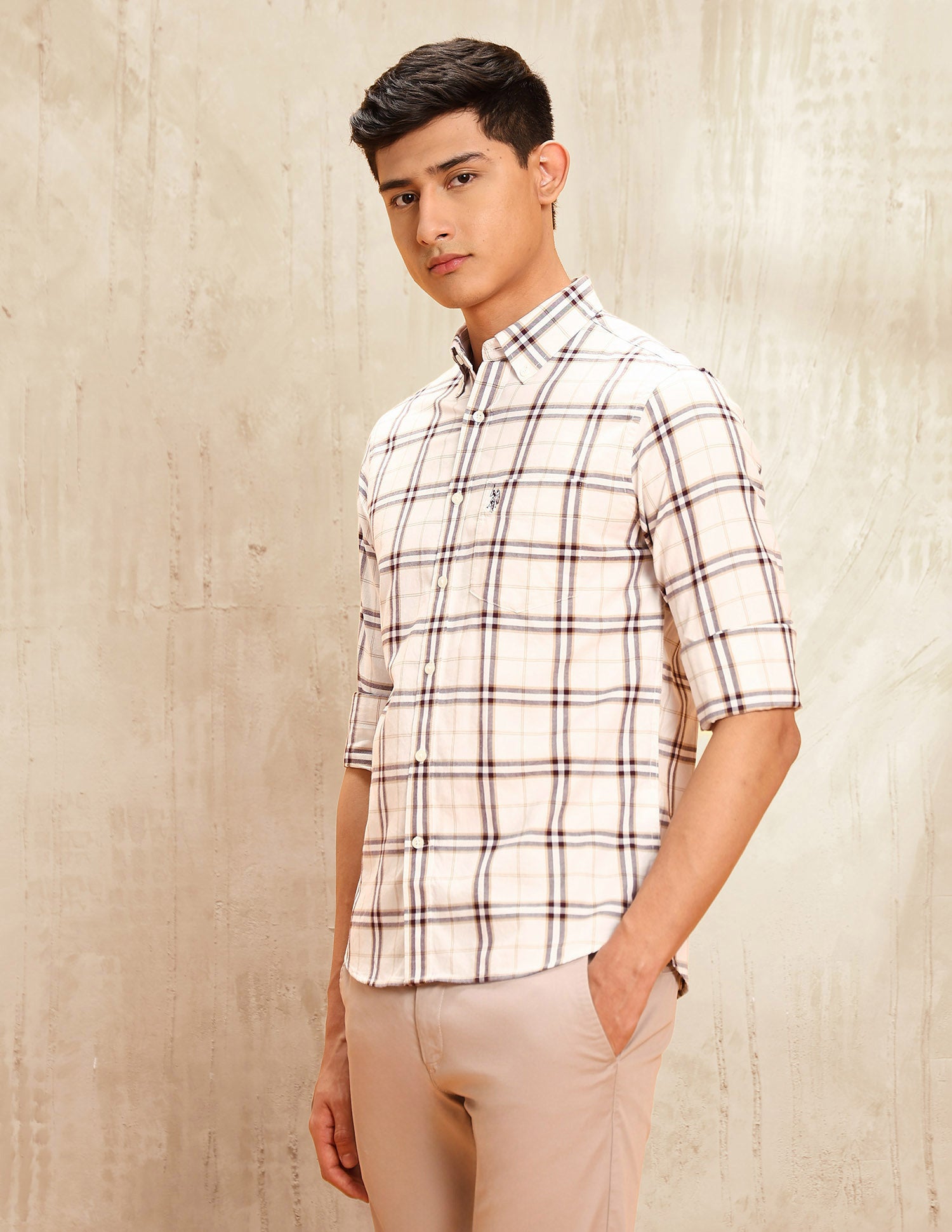Windowpane Checked Tailored Fit Shirt Beige - U.S. POLO ASSN. | Large