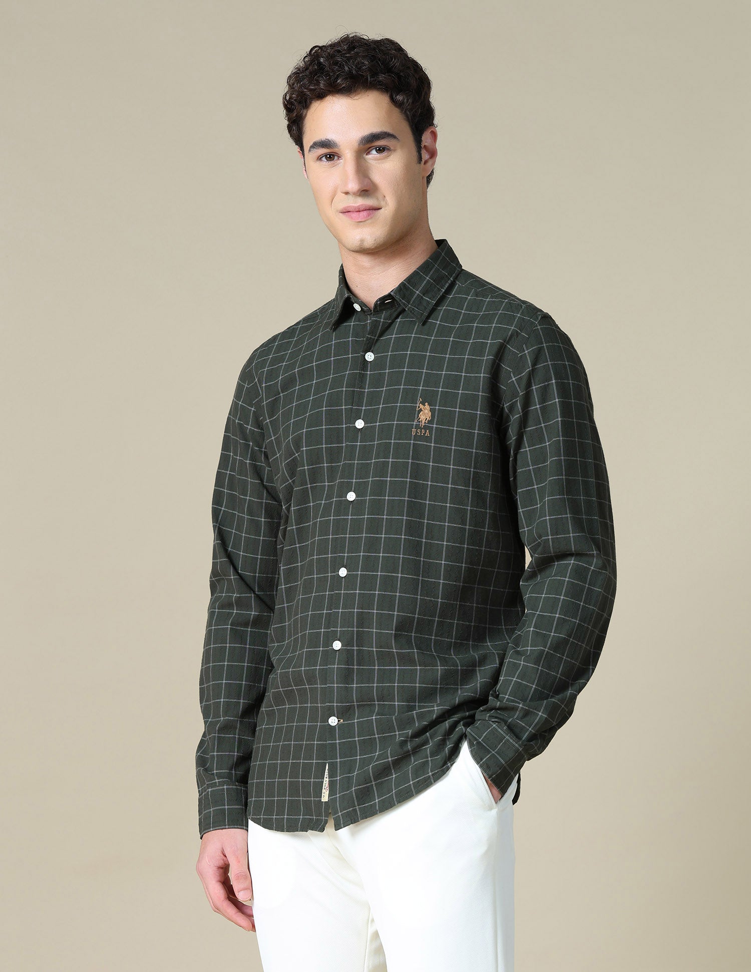 Graph Checked Seersucker Shirt Dark Olive - U.S. Polo Assn. India | Large