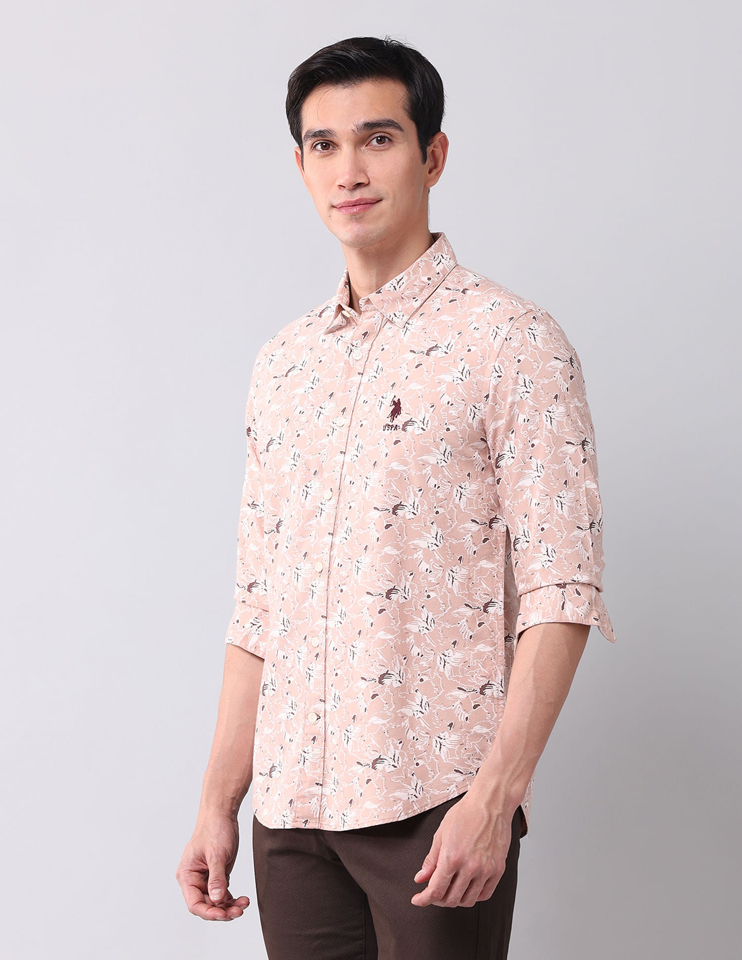 Regular Fit Dobby Printed Shirt Light Brown - U.S. POLO ASSN. | Large