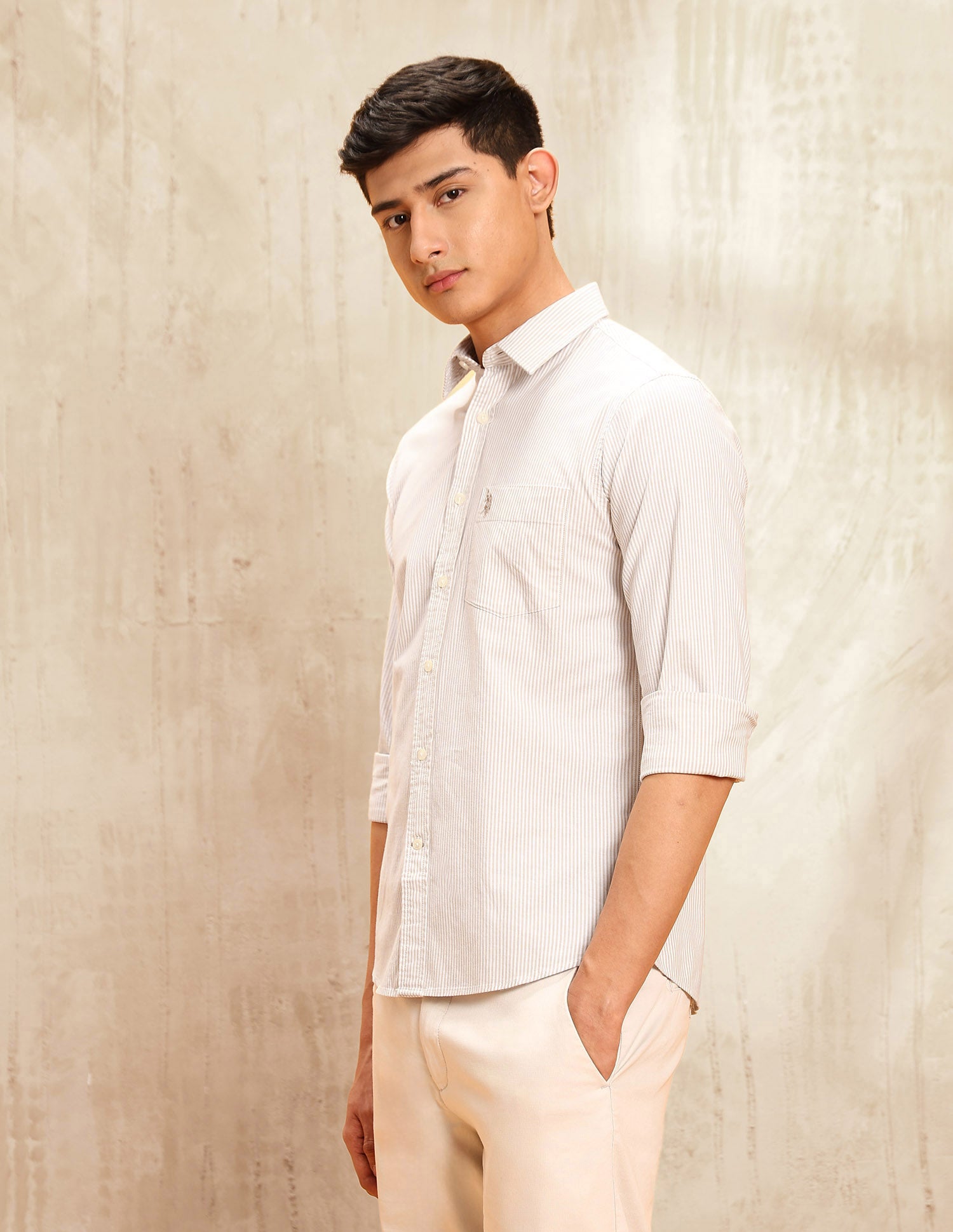 Vertical Striped Tailored Fit Shirt Beige - U.S. POLO ASSN. | Large