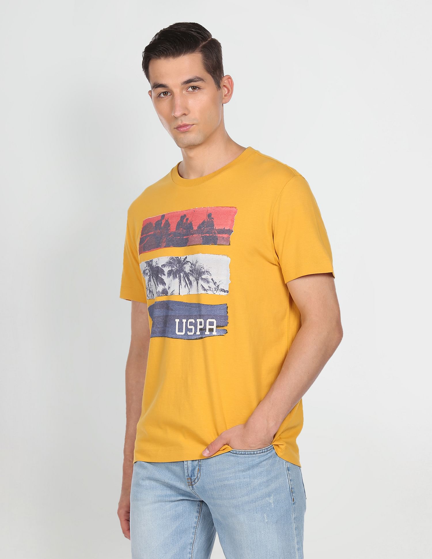 Men Yellow Crew Neck Graphic Print T-Shirt Yellow - U.S. Polo Assn. India | Large