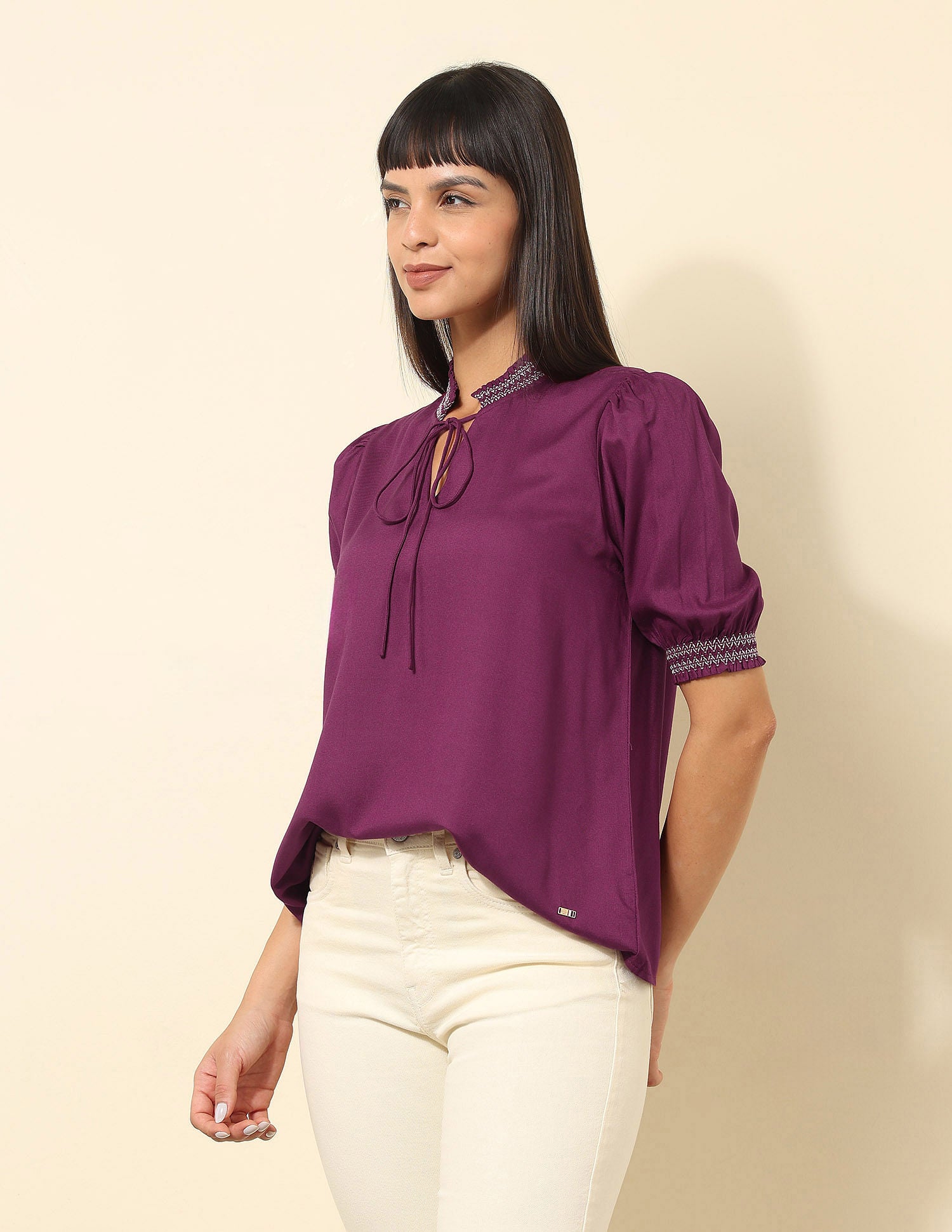 Ruffle Neck Solid Top Wine - U.S. POLO ASSN. | Large