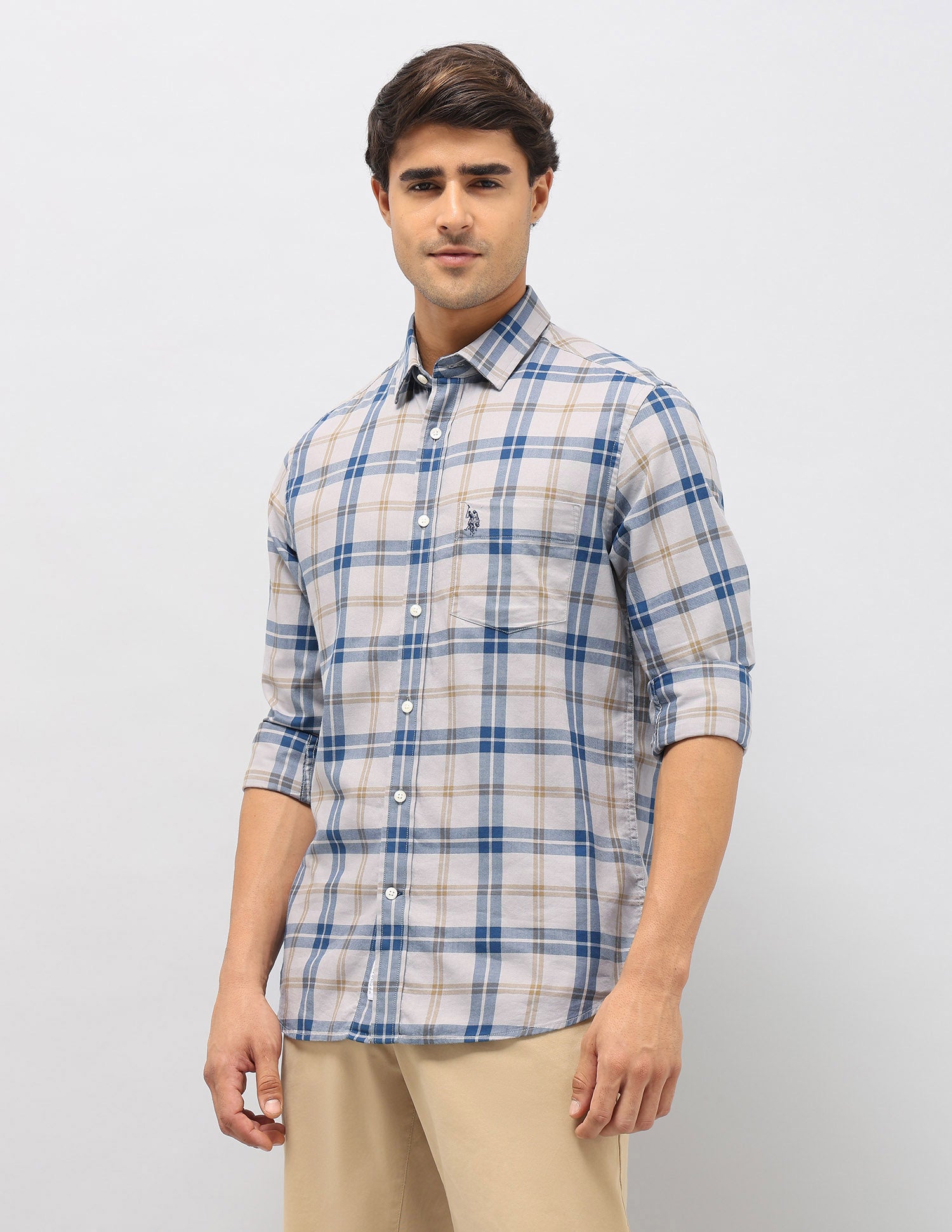 Plaid Checked Pure Cotton Shirt Light Grey - U.S. Polo Assn. India | Large