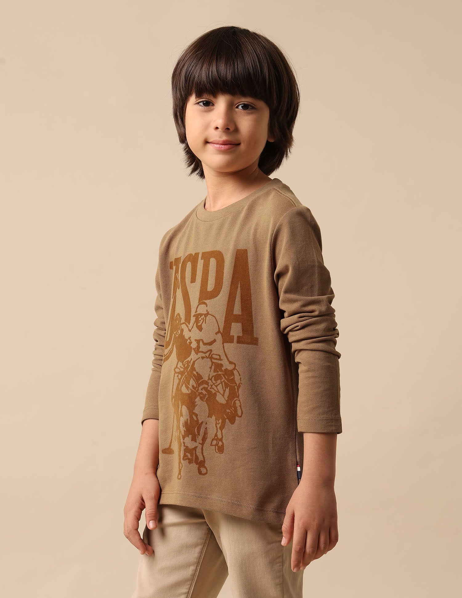 Boys Graphic Brand Printed Regular Fit T Shirt Light Brown - U.S. POLO ASSN. | Large