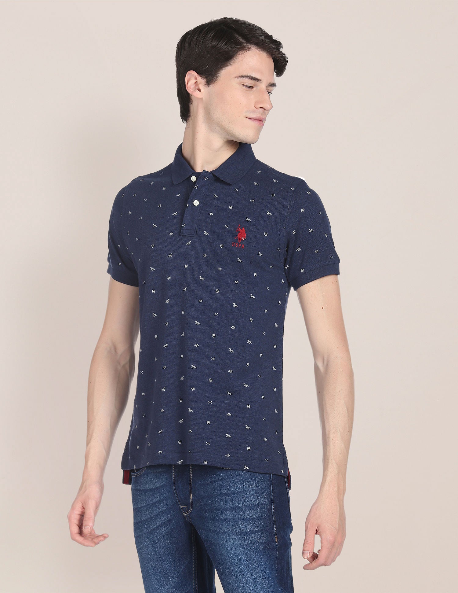 All Over Graphic Print Cotton Polo Shirt Navy - U.S. Polo Assn. India | Large