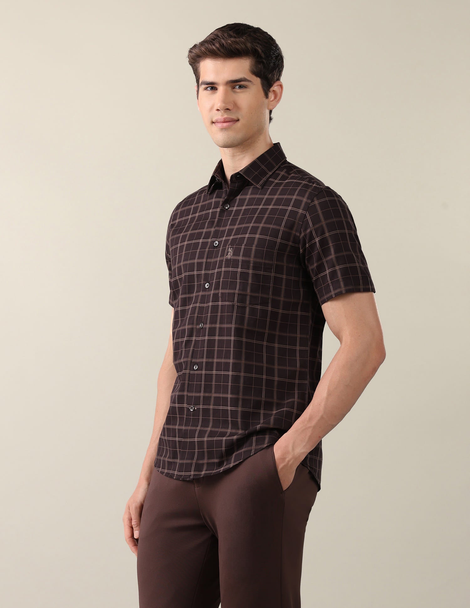 Grid Tattersall Checked Tailored Fit Shirt Brown - U.S. Polo Assn. India | Large