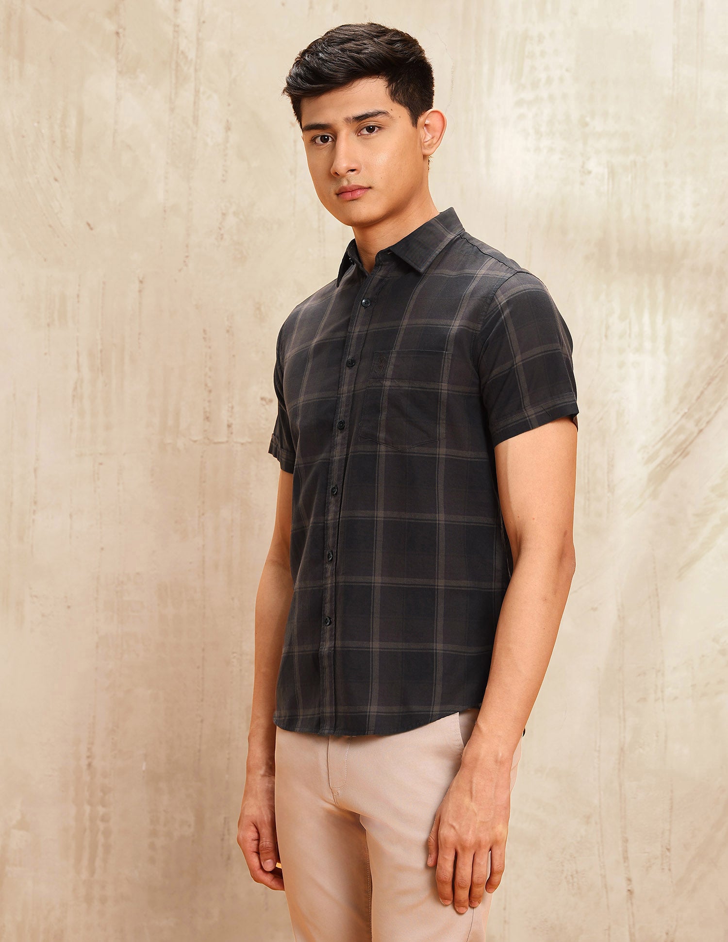 Windowpane Checked Tailored Fit Shirt Brown - U.S. POLO ASSN. | Large