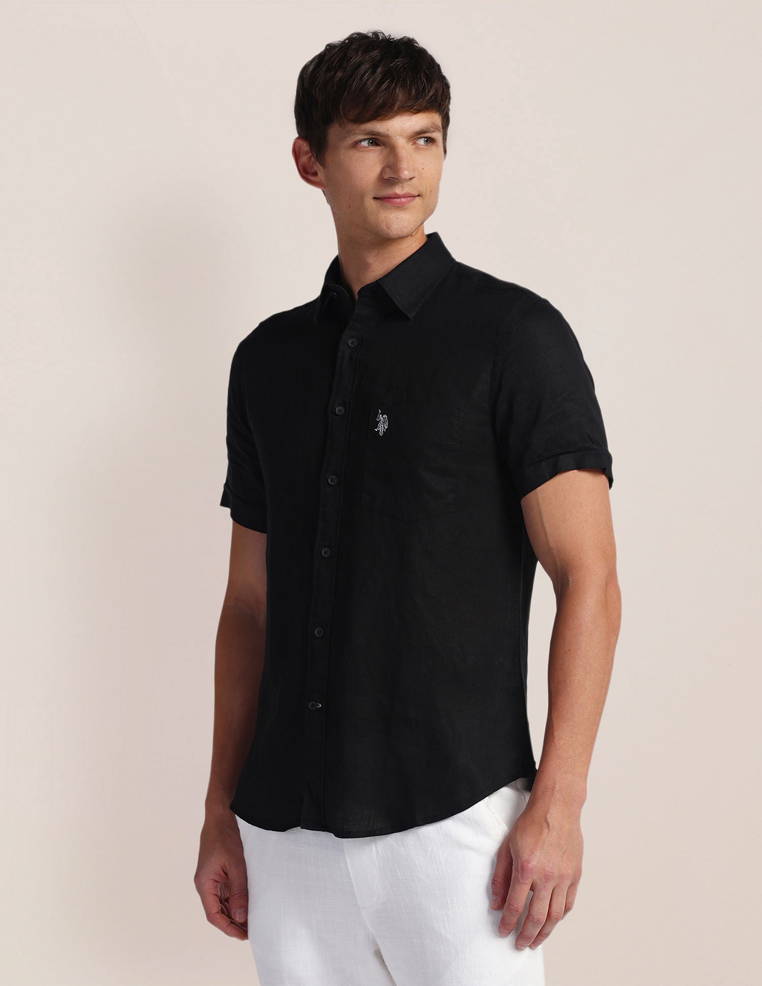 Solid Linen Regular Shirt Black - U.S. POLO ASSN. | Large