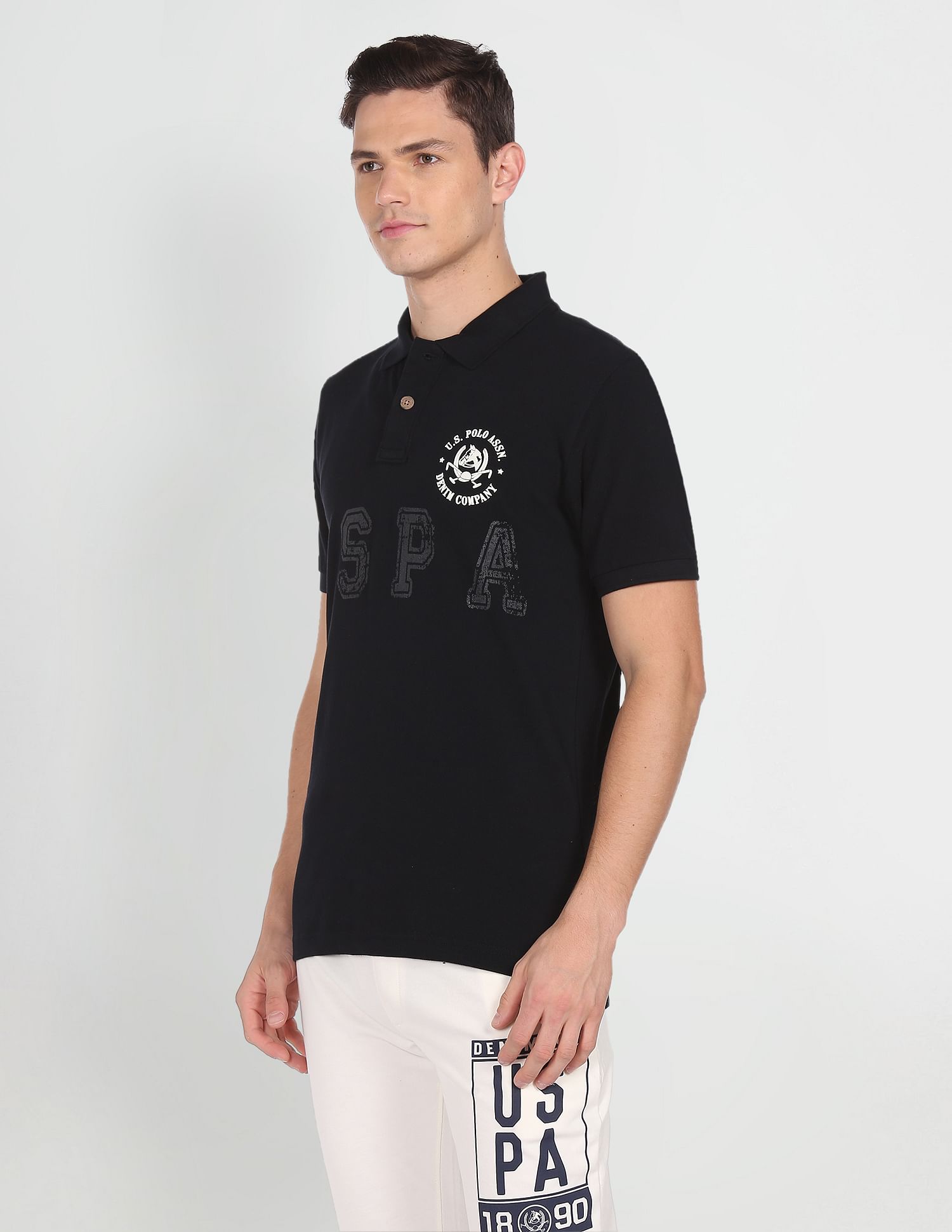 Brand Print Cotton Polo Shirt Black - U.S. POLO ASSN. | Large