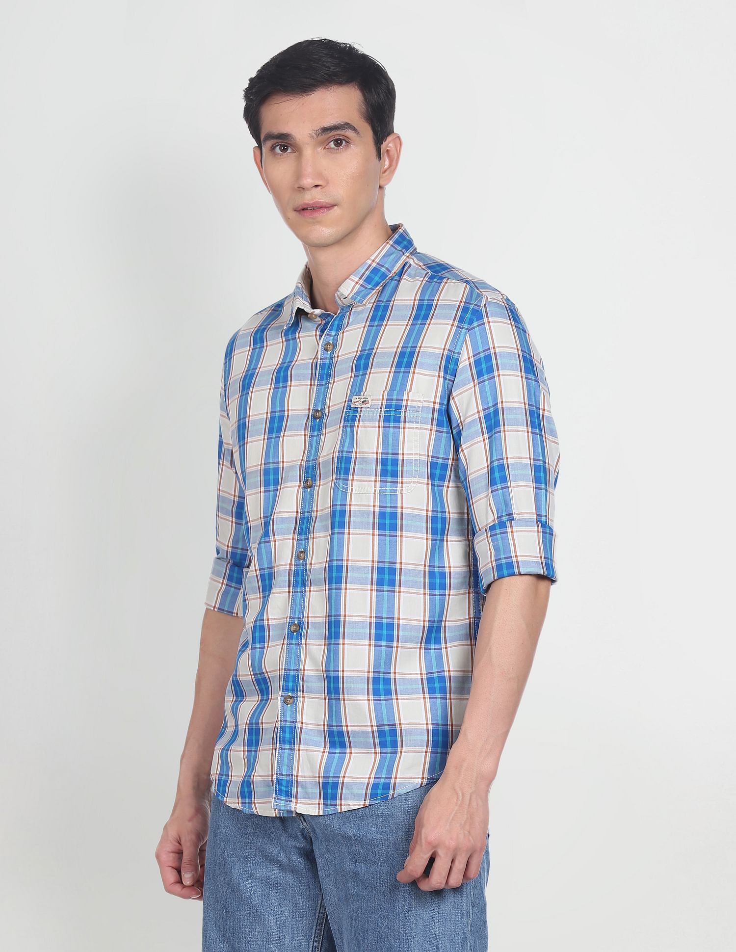 Men Beige And Blue Twill Weave Plaid Check Casual Shirt Beige and Blue - U.S. POLO ASSN. | Large