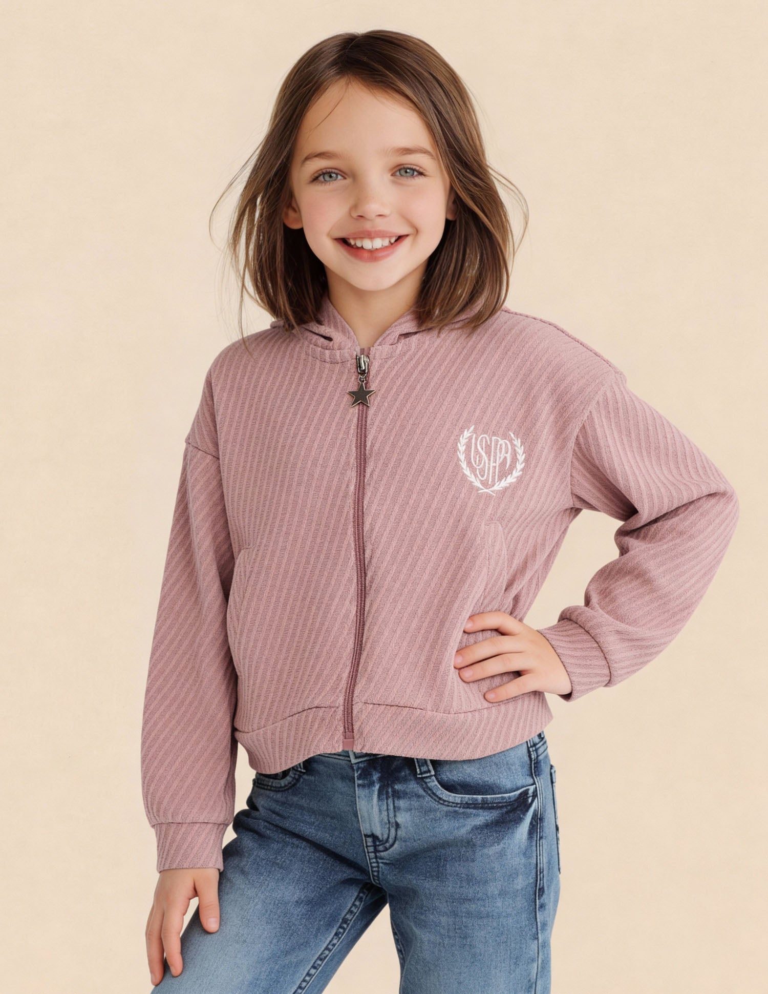 Girls Diagonal Striped Zipper Sweatshirt Pink - U.S. Polo Assn. India | Large