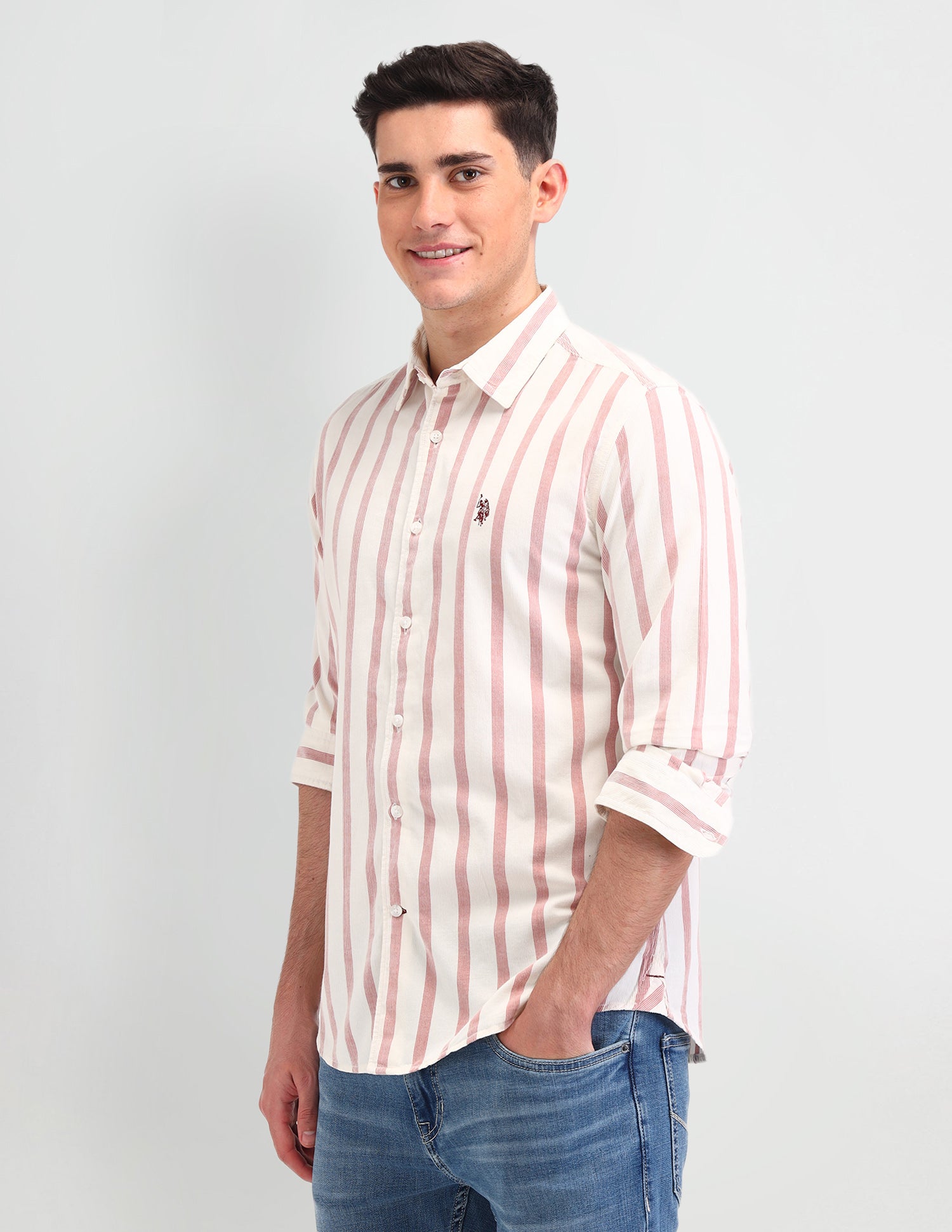 Vertical Striped Slim Fit Cotton Shirt Rust - U.S. Polo Assn. India | Large
