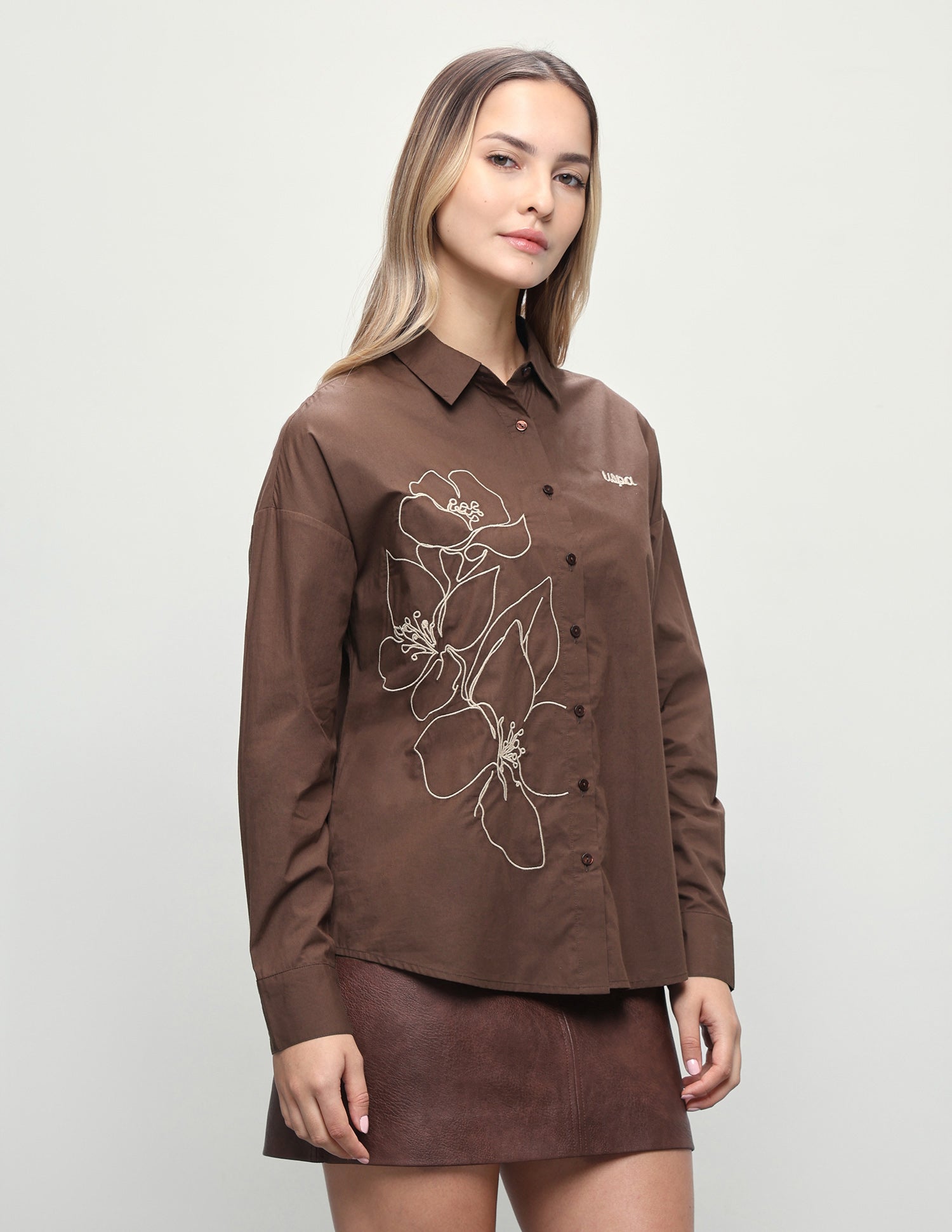 Floral Embroidered Oversized Fit Shirt Brown - U.S. Polo Assn. India | Large
