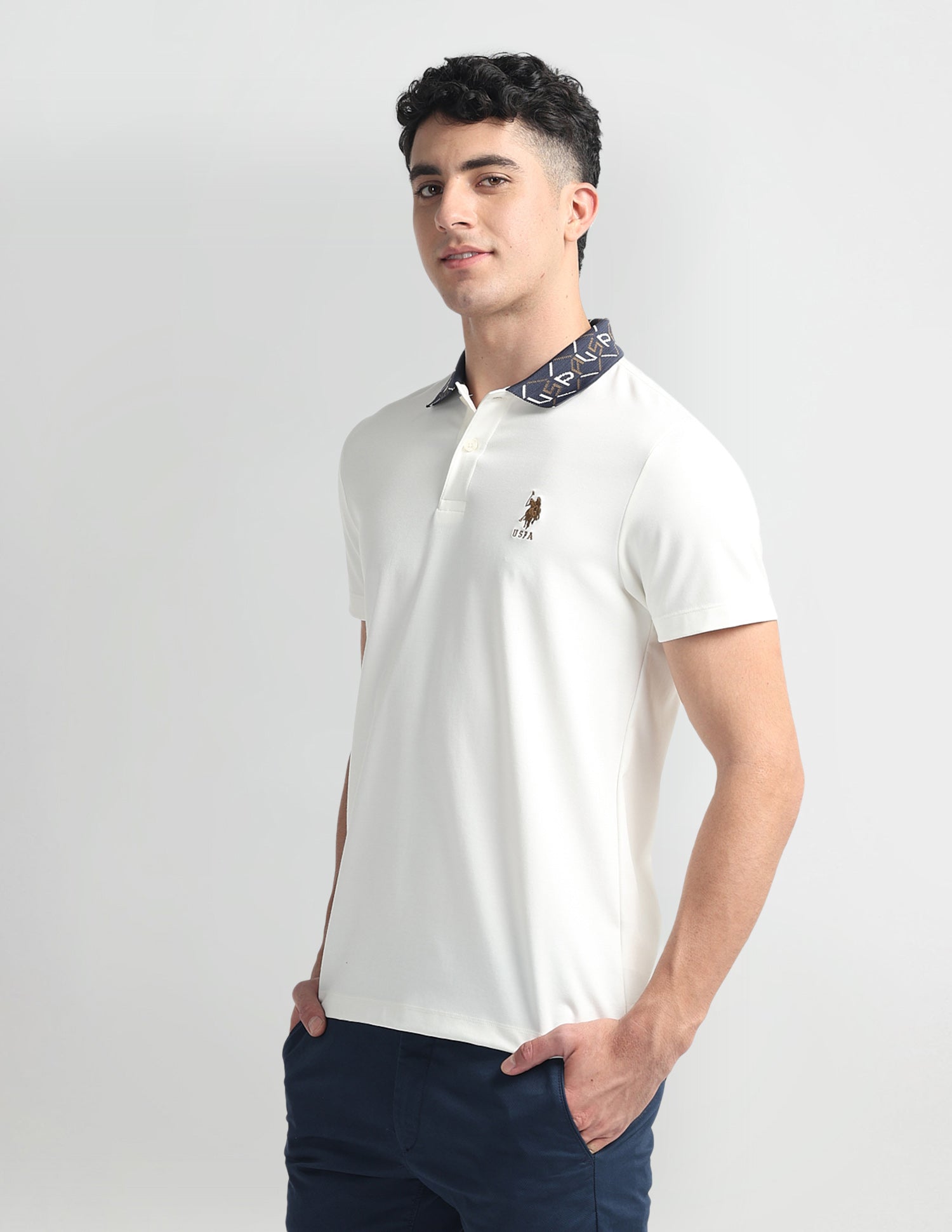 Printed Collar Muscle Fit Polo Shirt Ivory - U.S. Polo Assn. India | Large