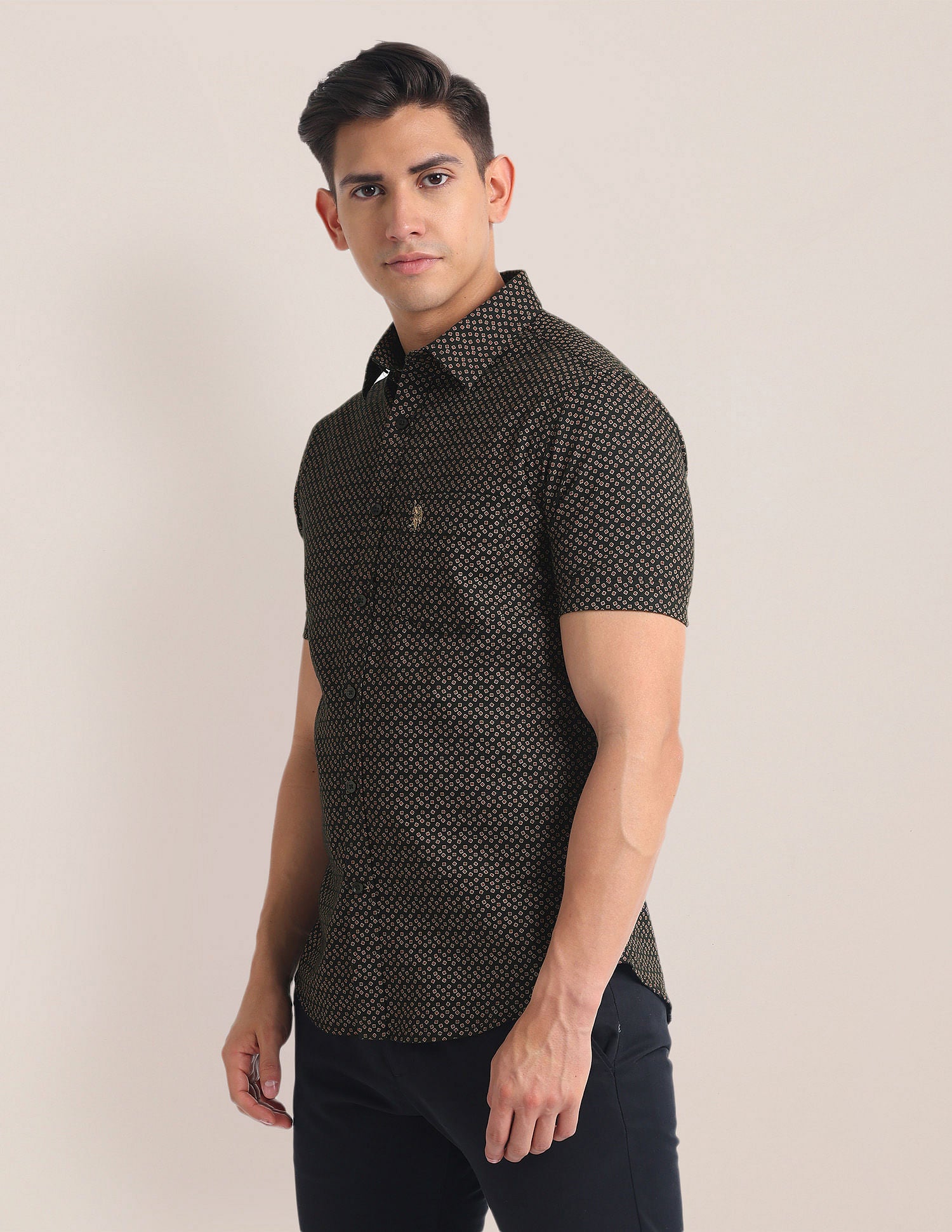 Geometric Print Tailored Fit Shirt Black - U.S. Polo Assn. India | Large