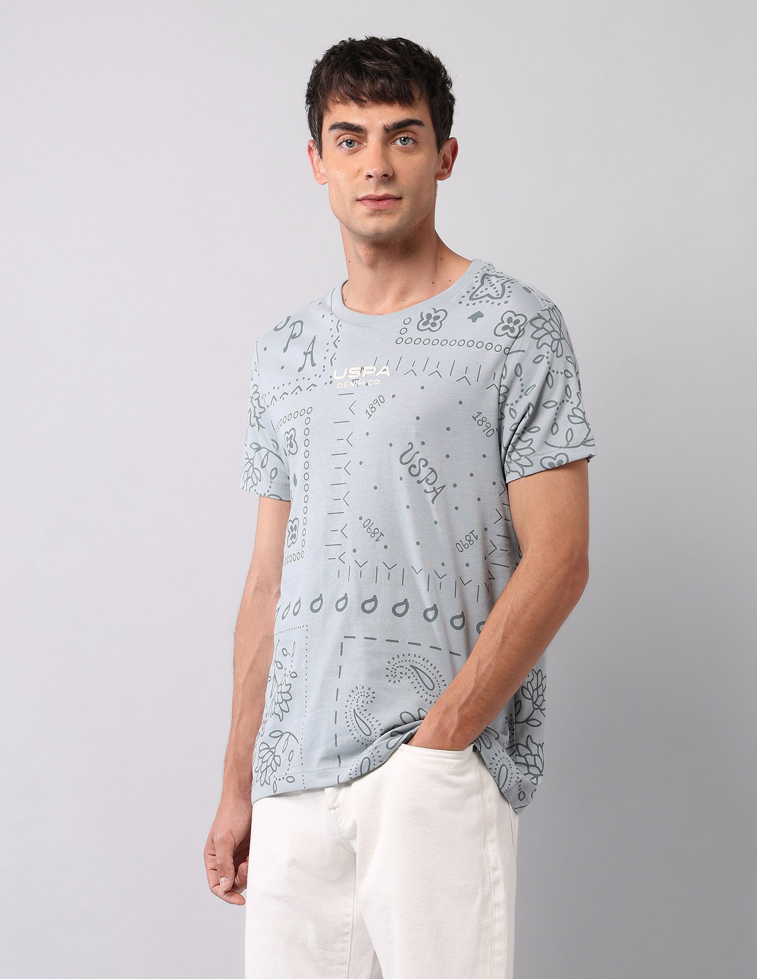 All Over Printed Pure Cotton T-Shirt Light Grey - U.S. Polo Assn. India | Large
