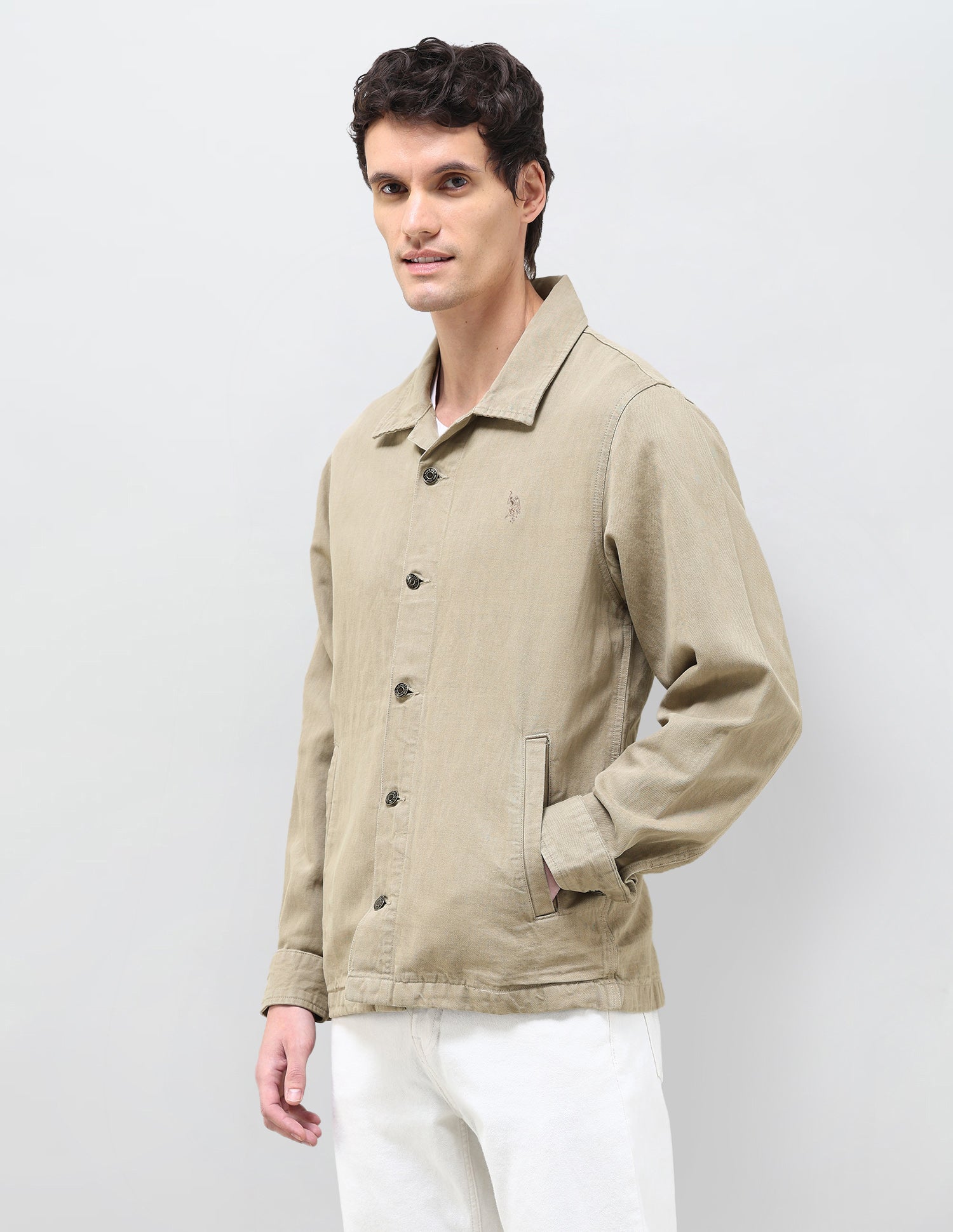 Solid Regular Fit Shacket Khaki - U.S. Polo Assn. India | Large