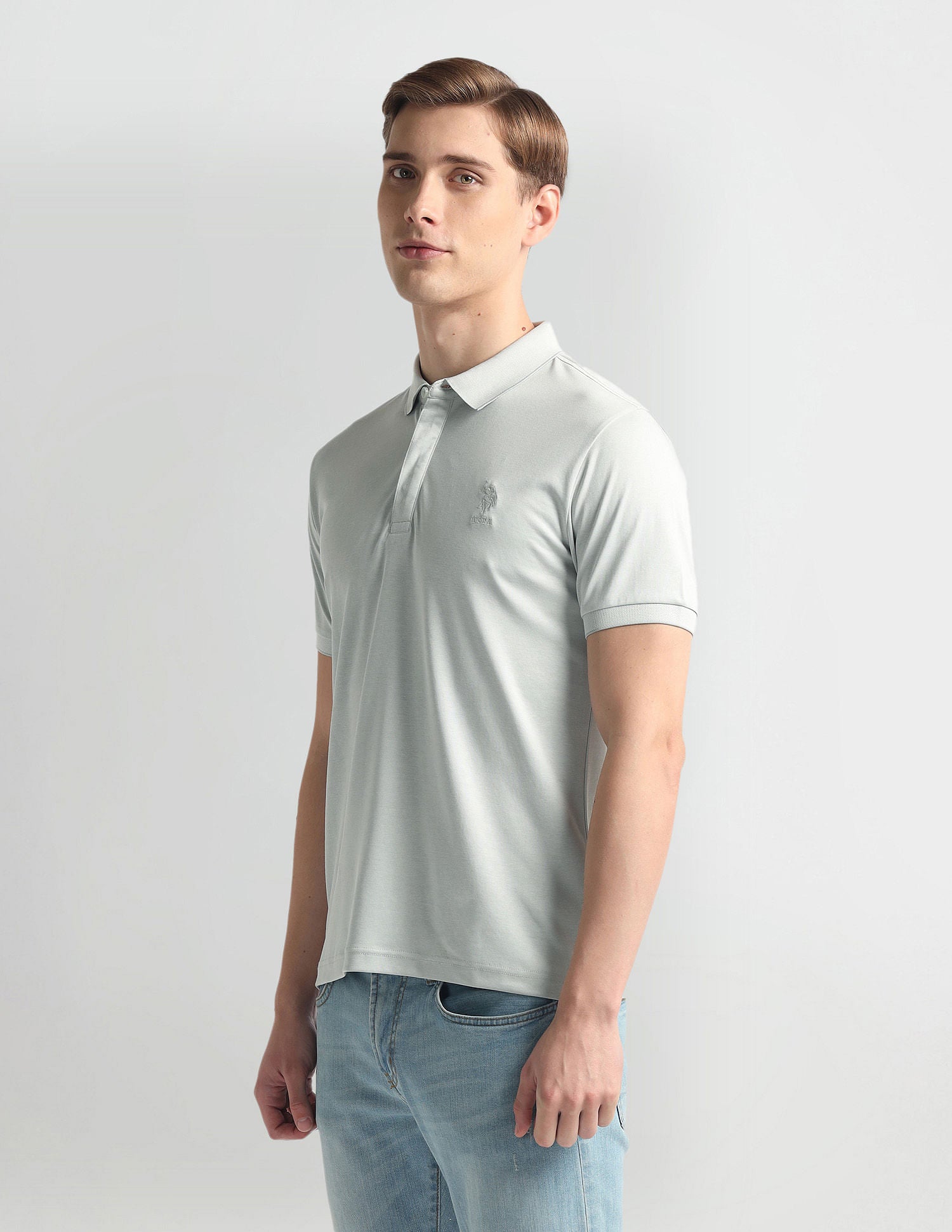 Ribbed Collar Solid Polo Shirt Grey - U.S. Polo Assn. India | Large