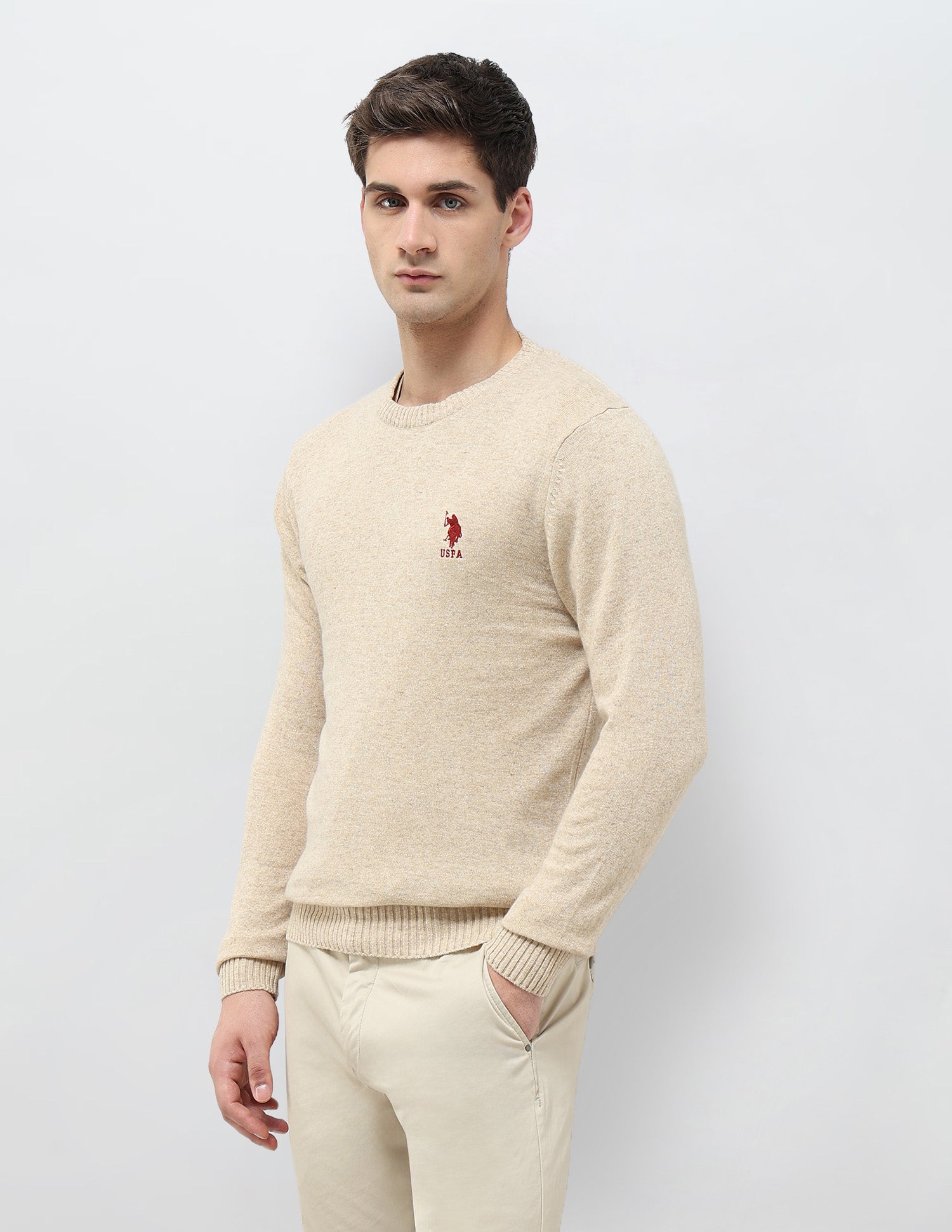 Solid Pattern Regular Fit Sweater Beige - U.S. Polo Assn. India | Large