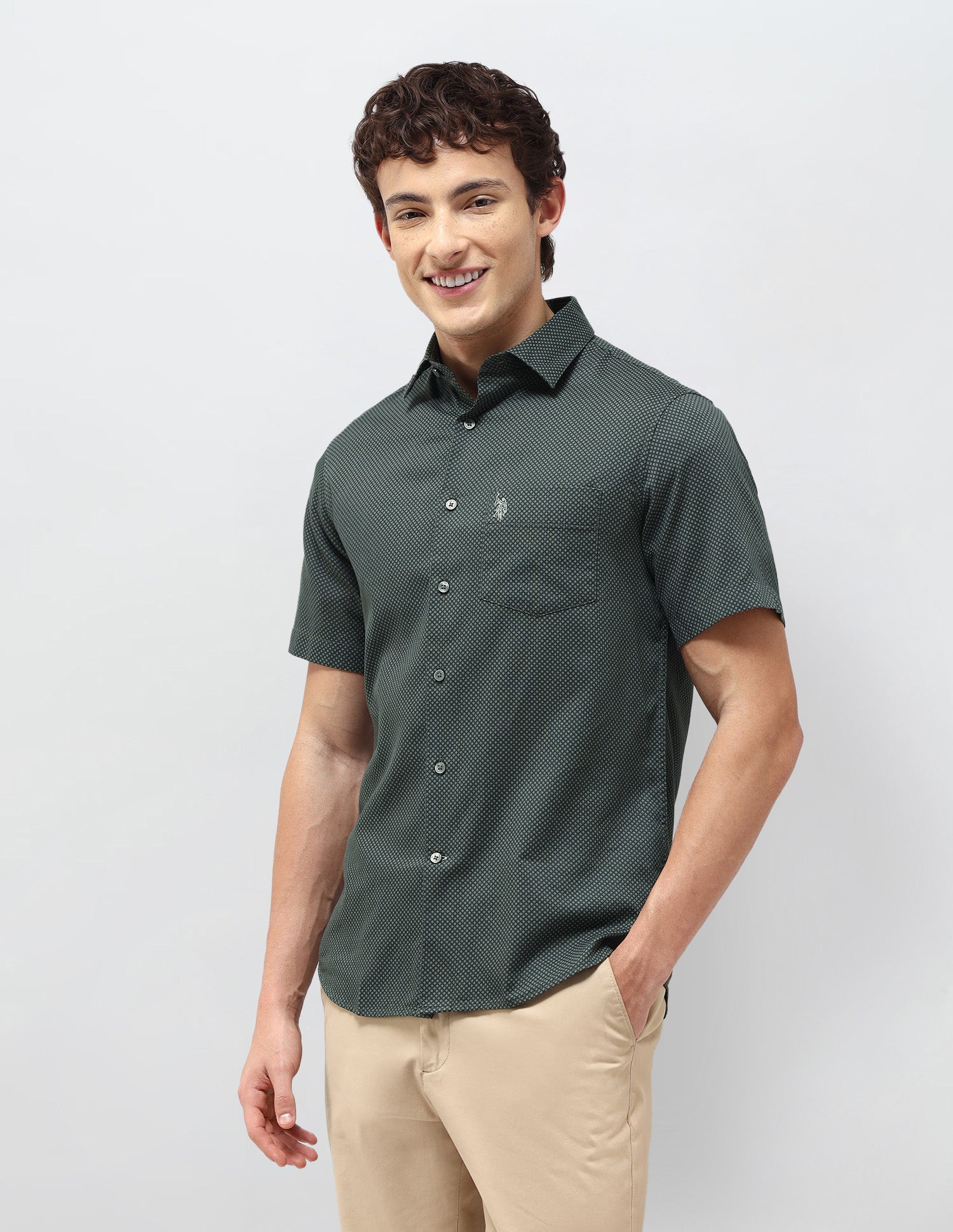 Regular Fit Self Design Geometric Shirt Olive - U.S. Polo Assn. India | Large