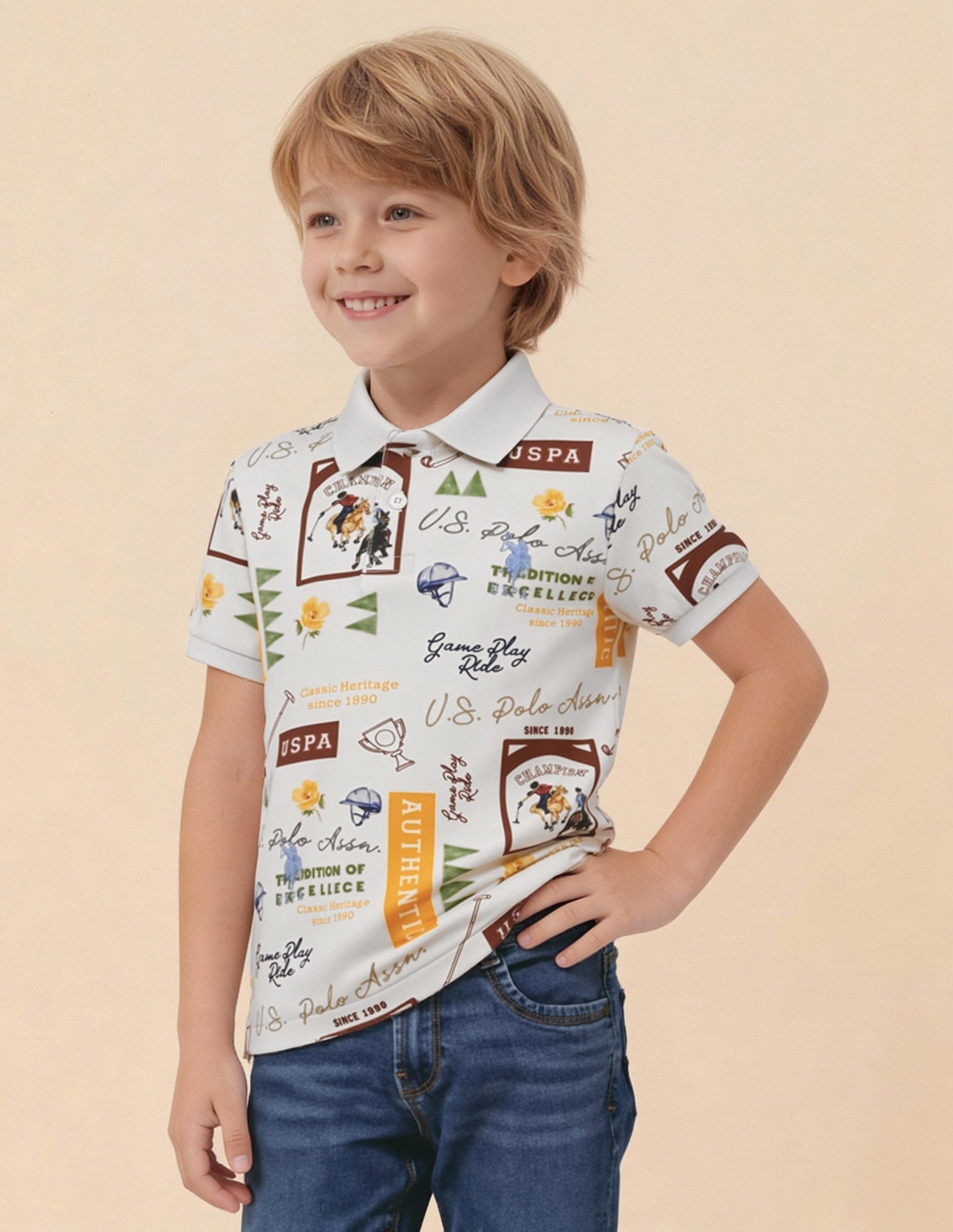 Graphic Brand Printed Regular Fit Polo Shirt Off White - U.S. Polo Assn. India | Large