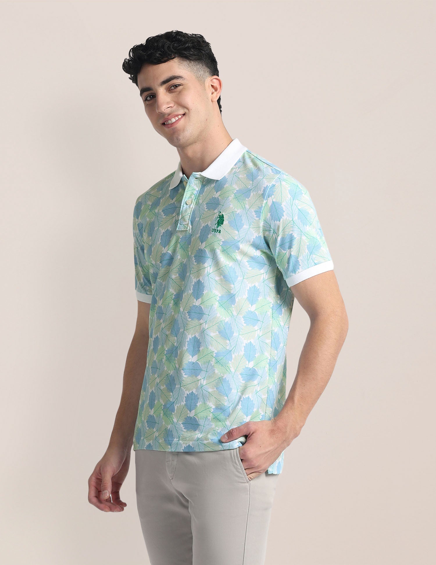 Tropical Print Slim Fit Polo Shirt Aqua - U.S. Polo Assn. India | Large