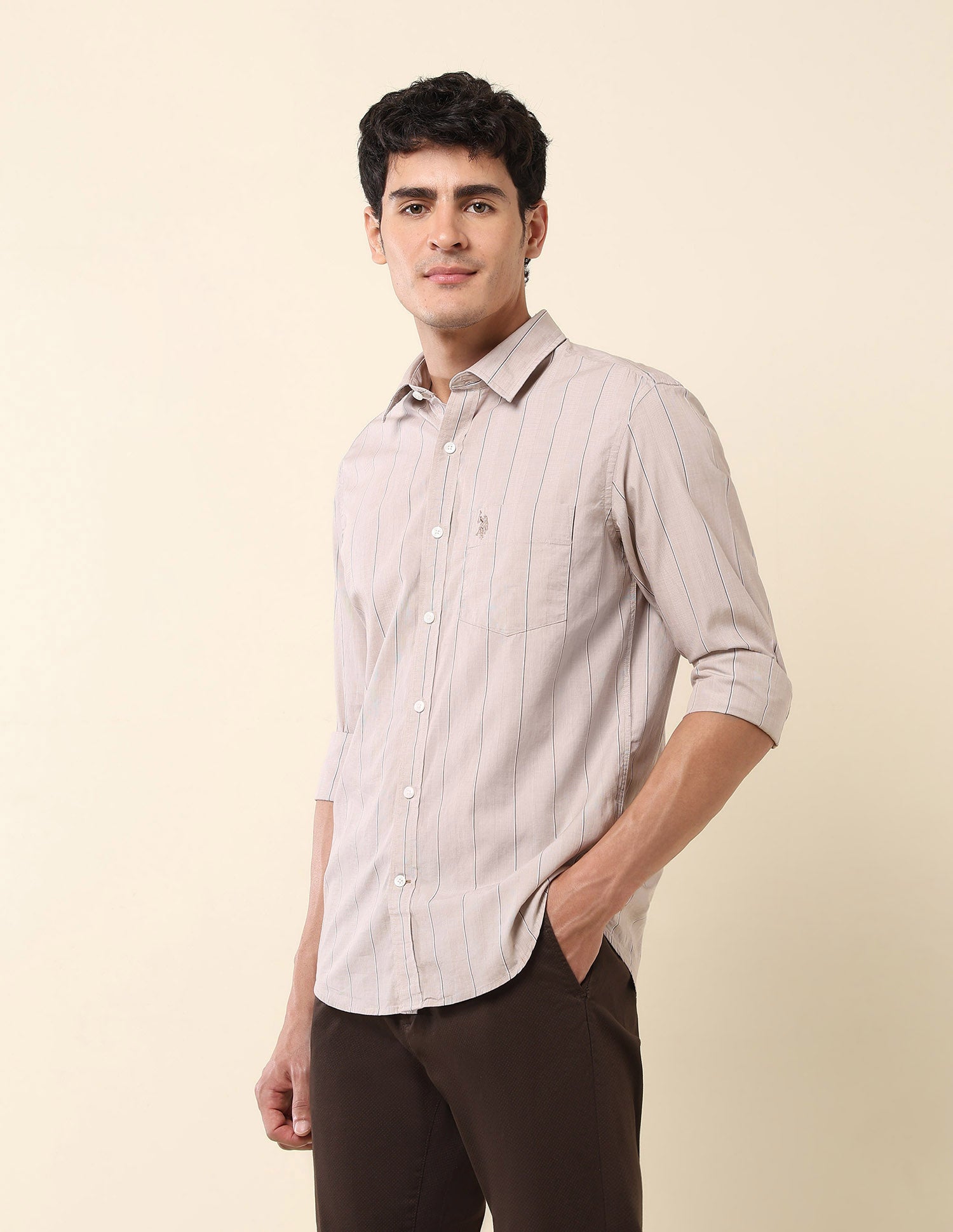 Vertical Striped Pure Cotton Shirt Beige - U.S. Polo Assn. India | Large