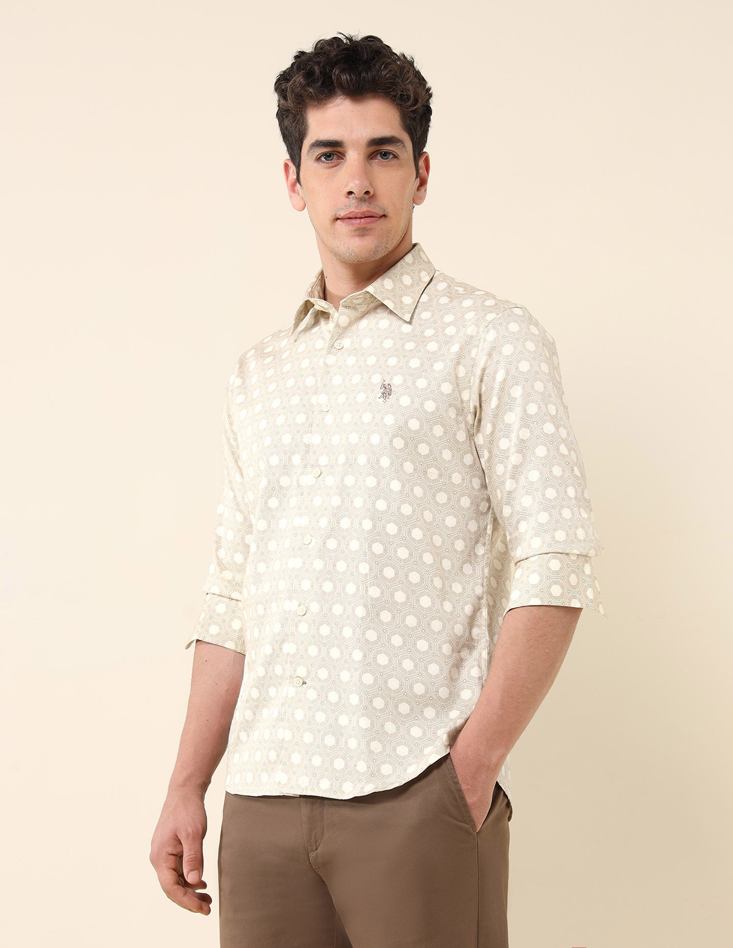 Geometric Printed Pure Cotton Shirt Light Khaki - U.S. Polo Assn. India | Large