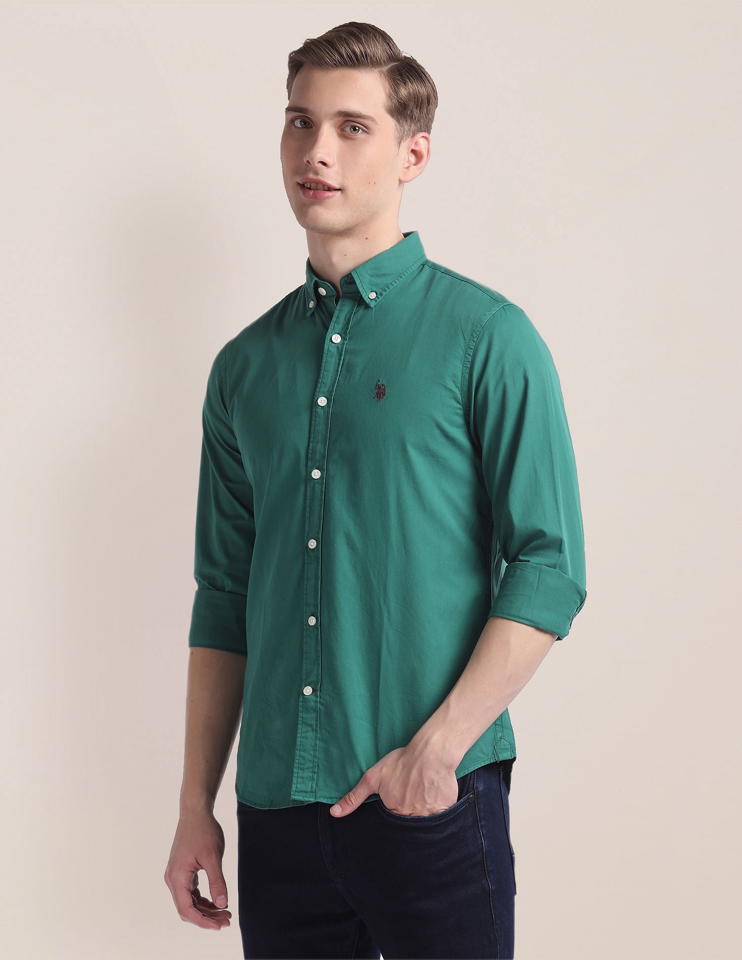 Button Down Collar Dyed Shirt Dark Green - U.S. Polo Assn. India | Large