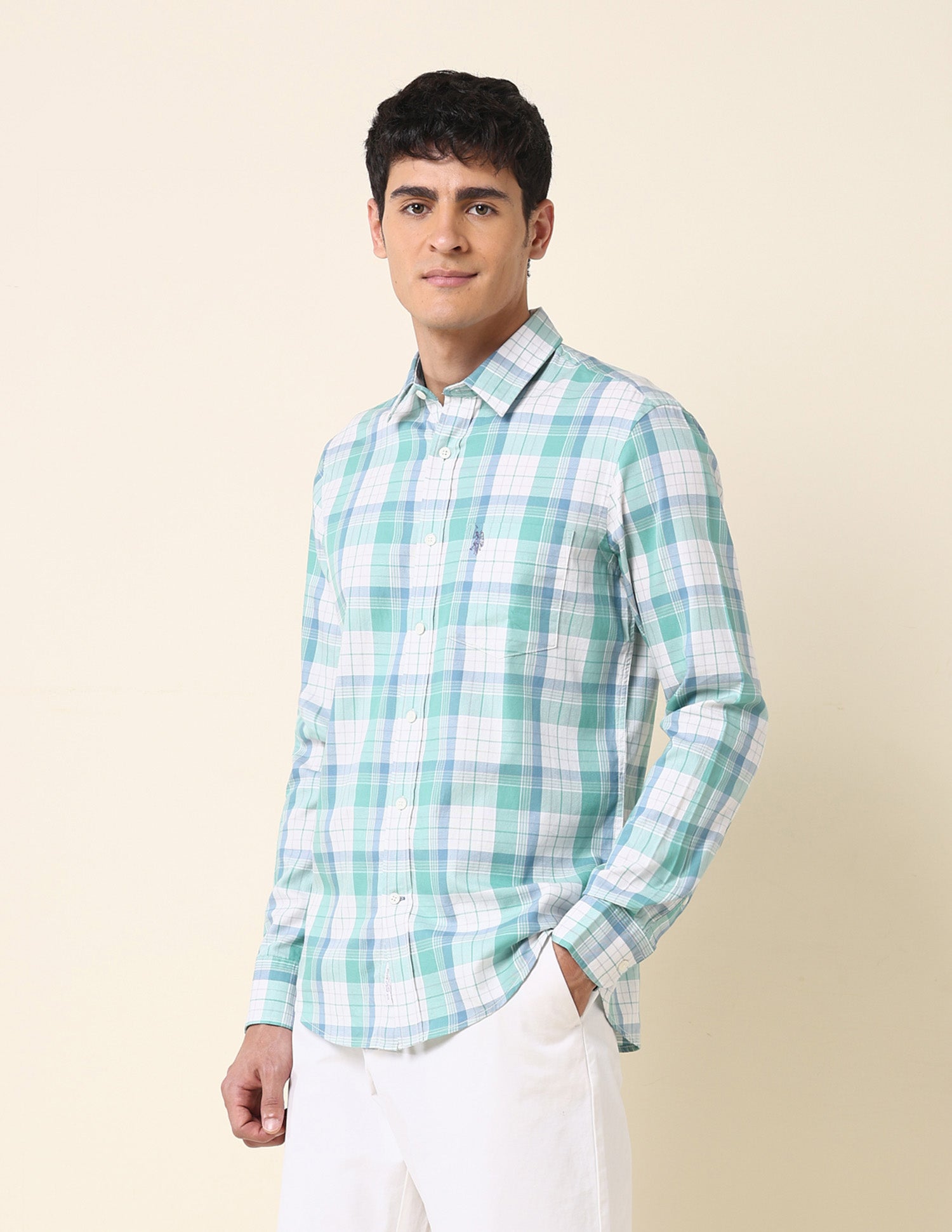 Tartan Checked Tailored Fit Shirt Light Green - U.S. Polo Assn. India | Large
