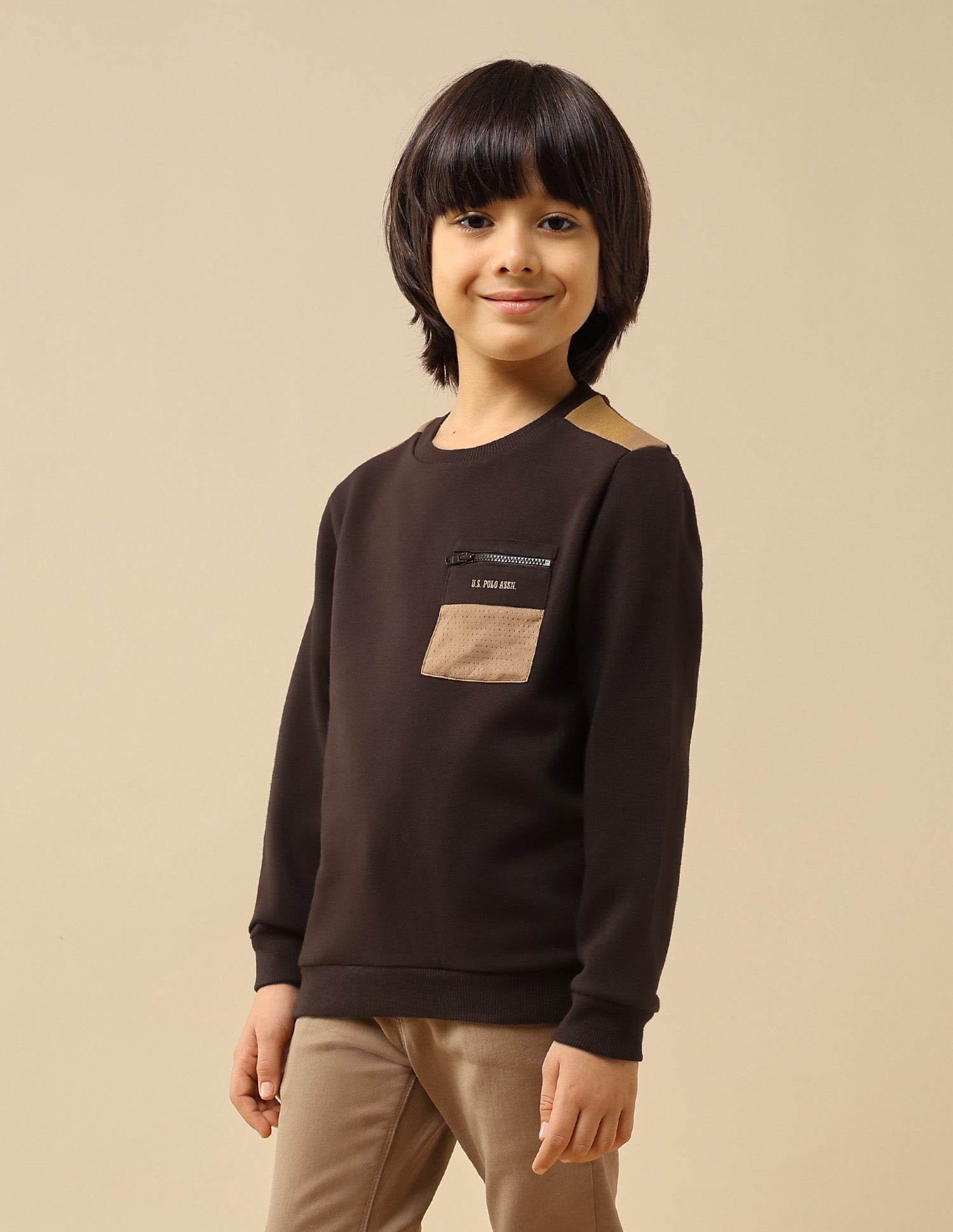 Boys Solid Regular Fit Sweatshirt Dark Brown - U.S. POLO ASSN. | Large