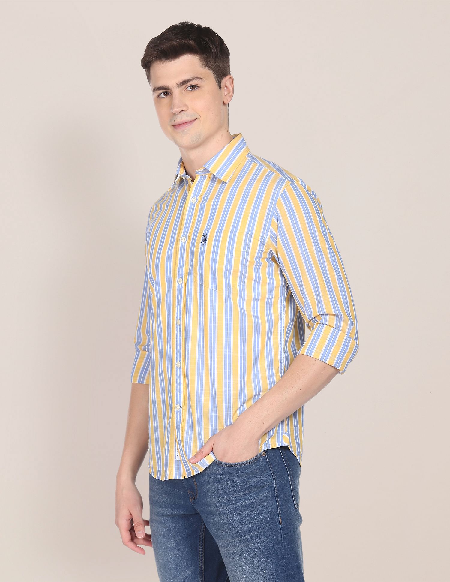Men Yellow And Blue Vertical Stripe Cotton Casual Shirt Yellow and Blue - U.S. Polo Assn. India | Large