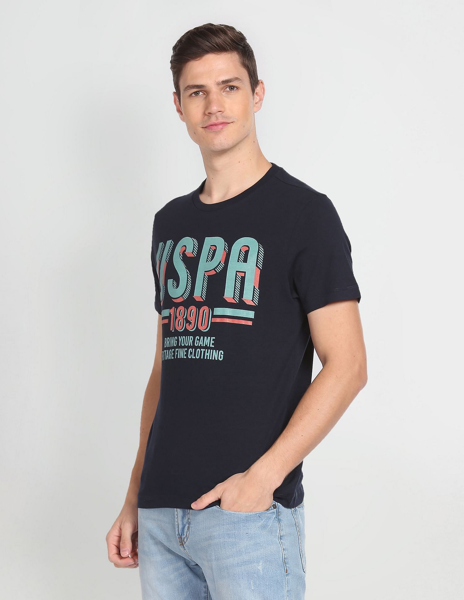 Men Navy Cotton Brand Print T-Shirt Navy - U.S. Polo Assn. India | Large