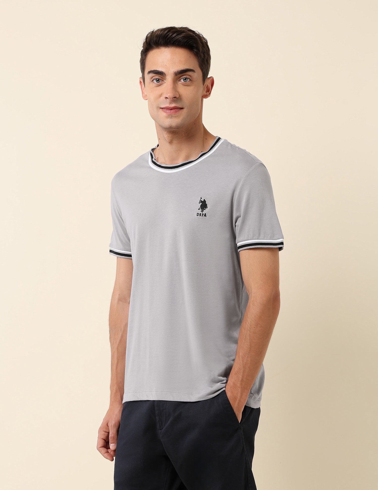 Pure Cotton Slim Fit T- Shirt Light Grey - U.S. Polo Assn. India | Large