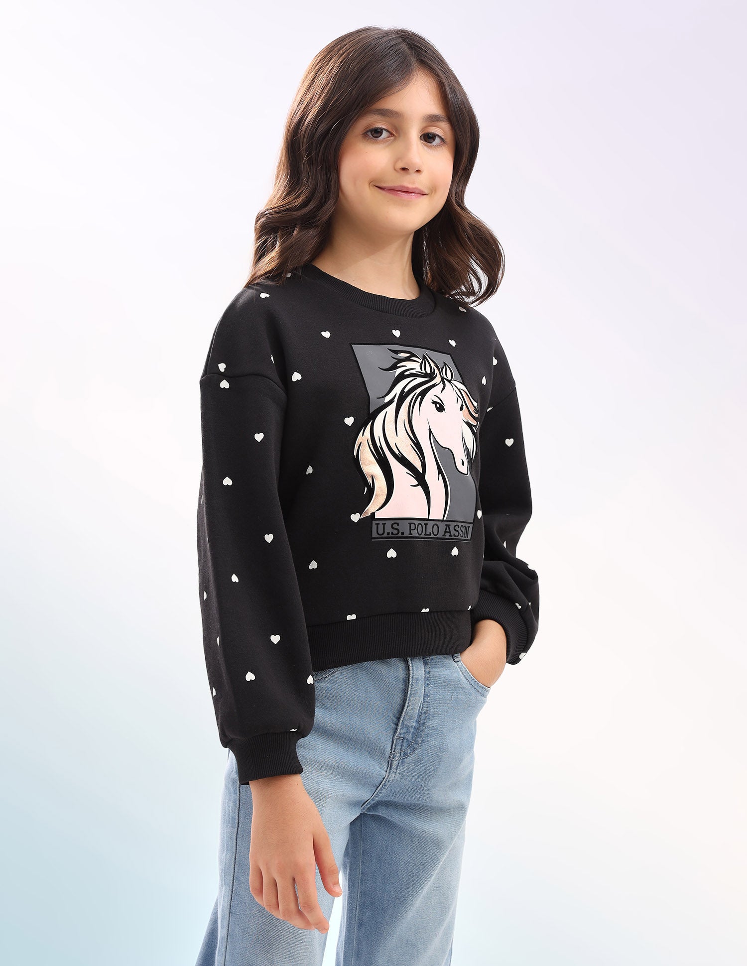 Girls Graphic Printed Regular Fit Sweatshirt Black - U.S. POLO ASSN. | Large