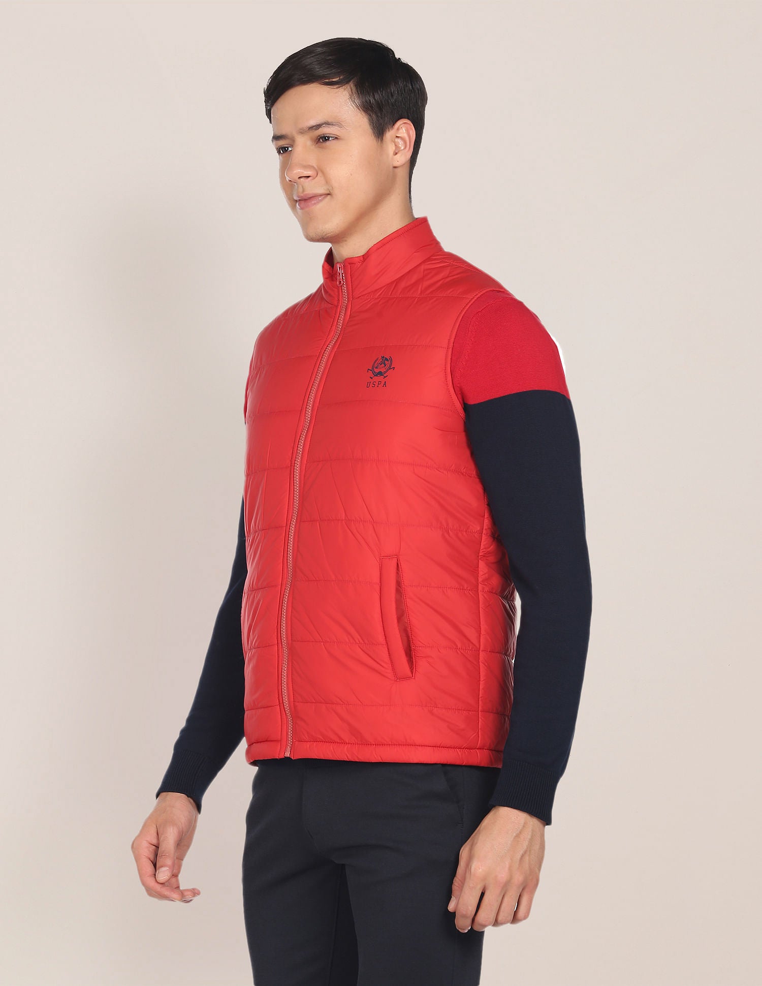 High Neck Sleeveless Solid Padded Jacket Red - U.S. Polo Assn. India | Large