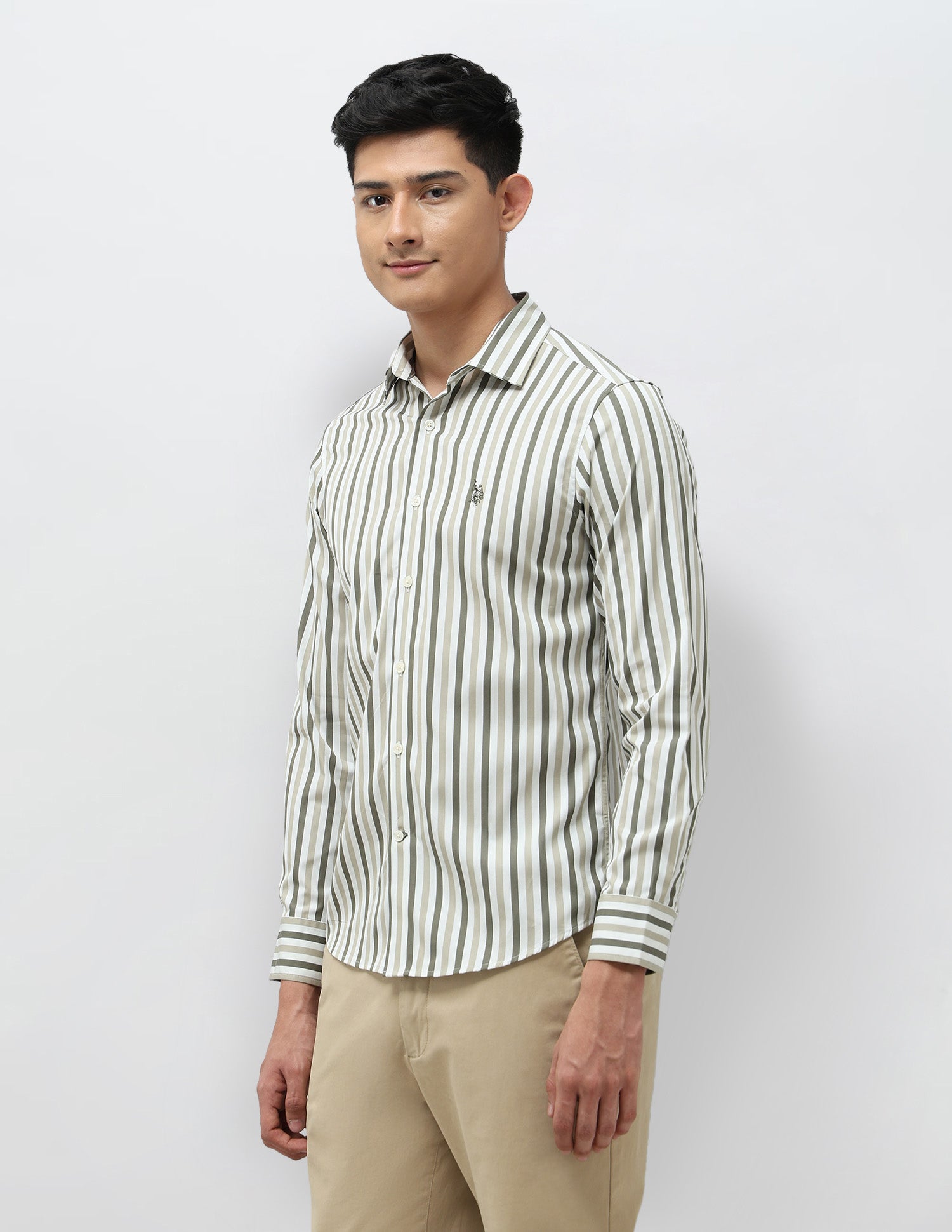 Vertical Striped Pure Cotton Shirt Olive - U.S. POLO ASSN. | Large