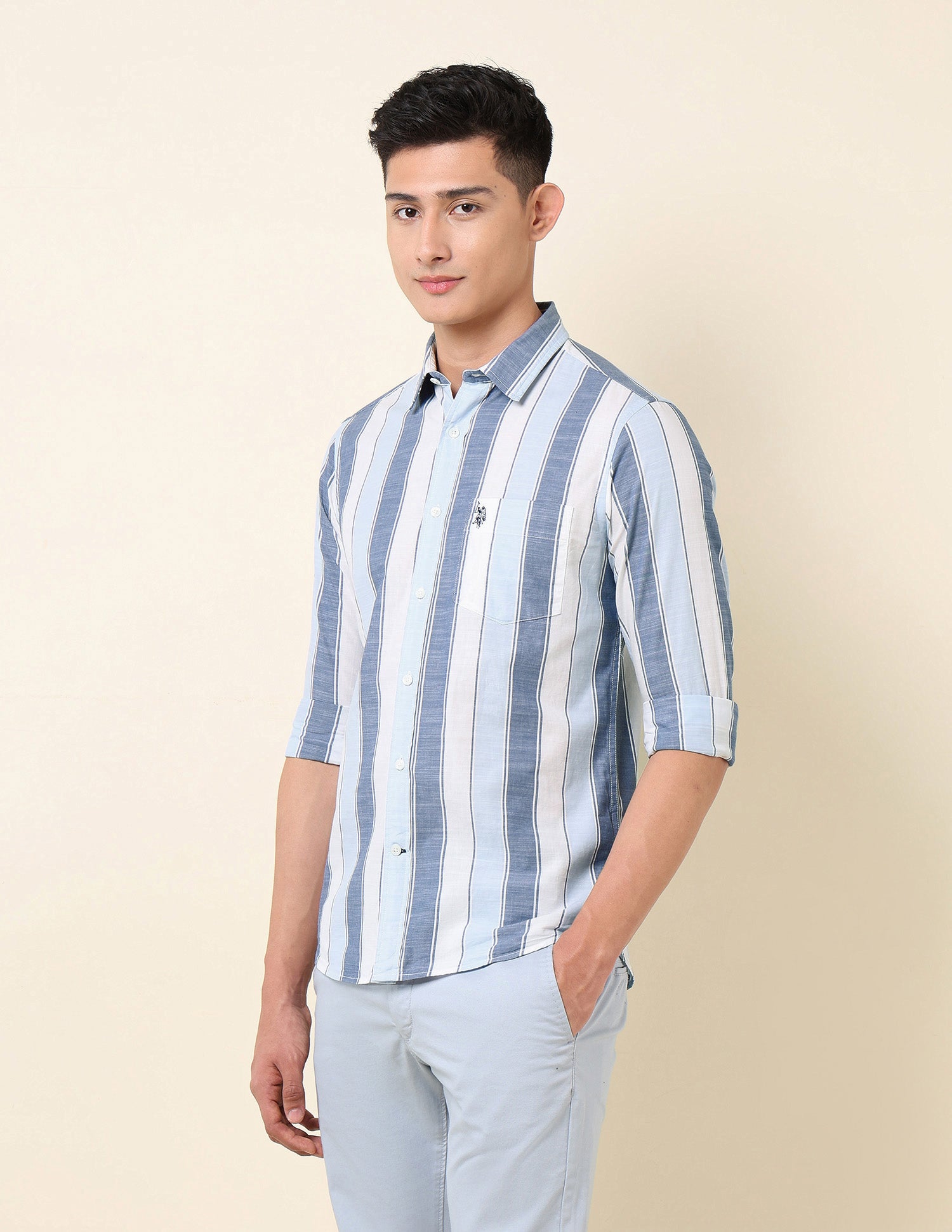 Vertical Striped Pure Cotton Shirt Light Blue - U.S. Polo Assn. India | Large