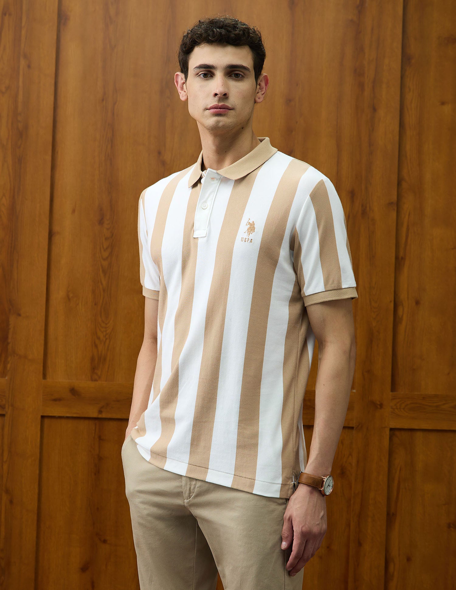 Vertical Striped Varsity Theatre Polo Shirt Light Brown - U.S. POLO ASSN. | Large