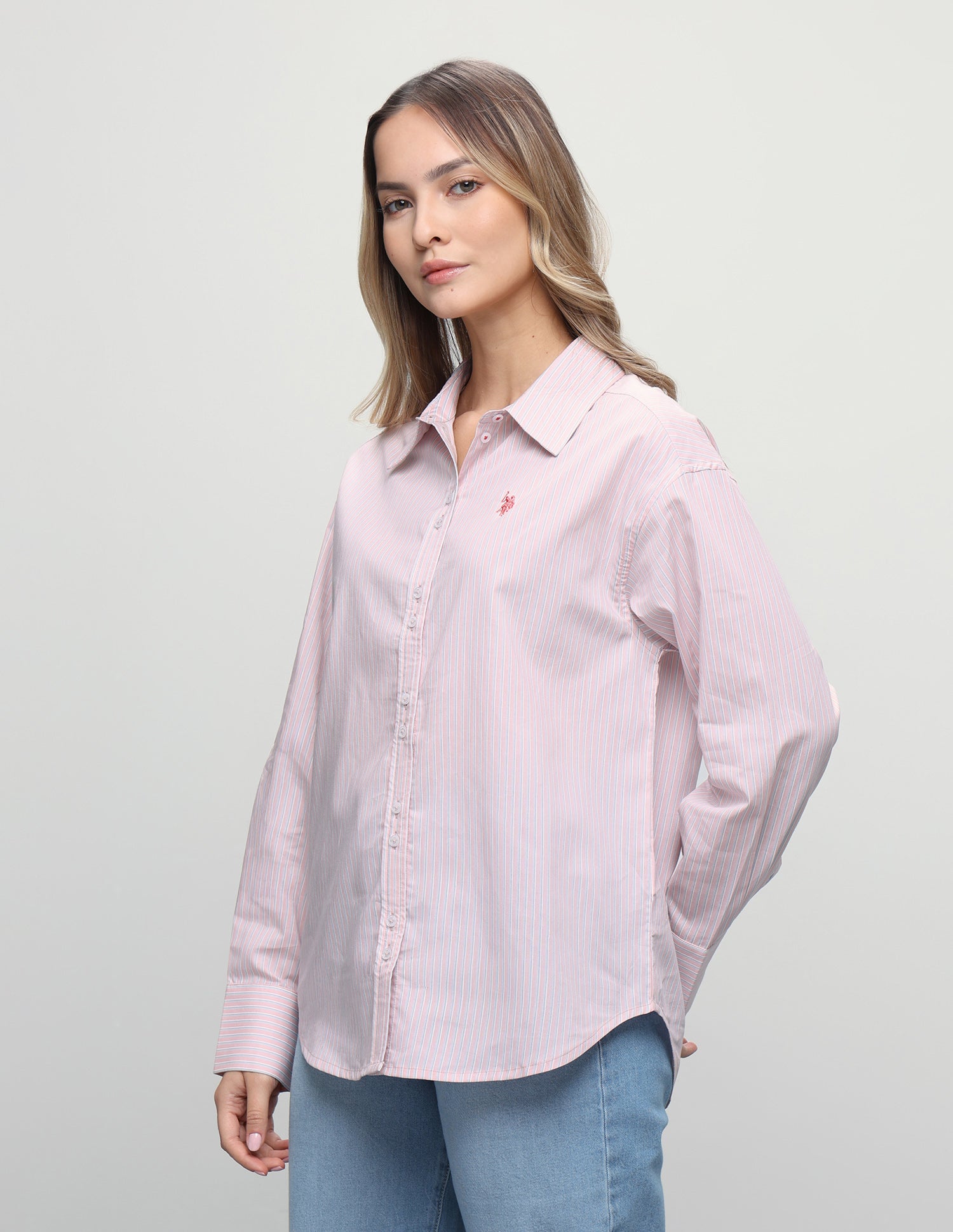Vertical Striped Boyfriend Fit Shirt Pink - U.S. Polo Assn. India | Large