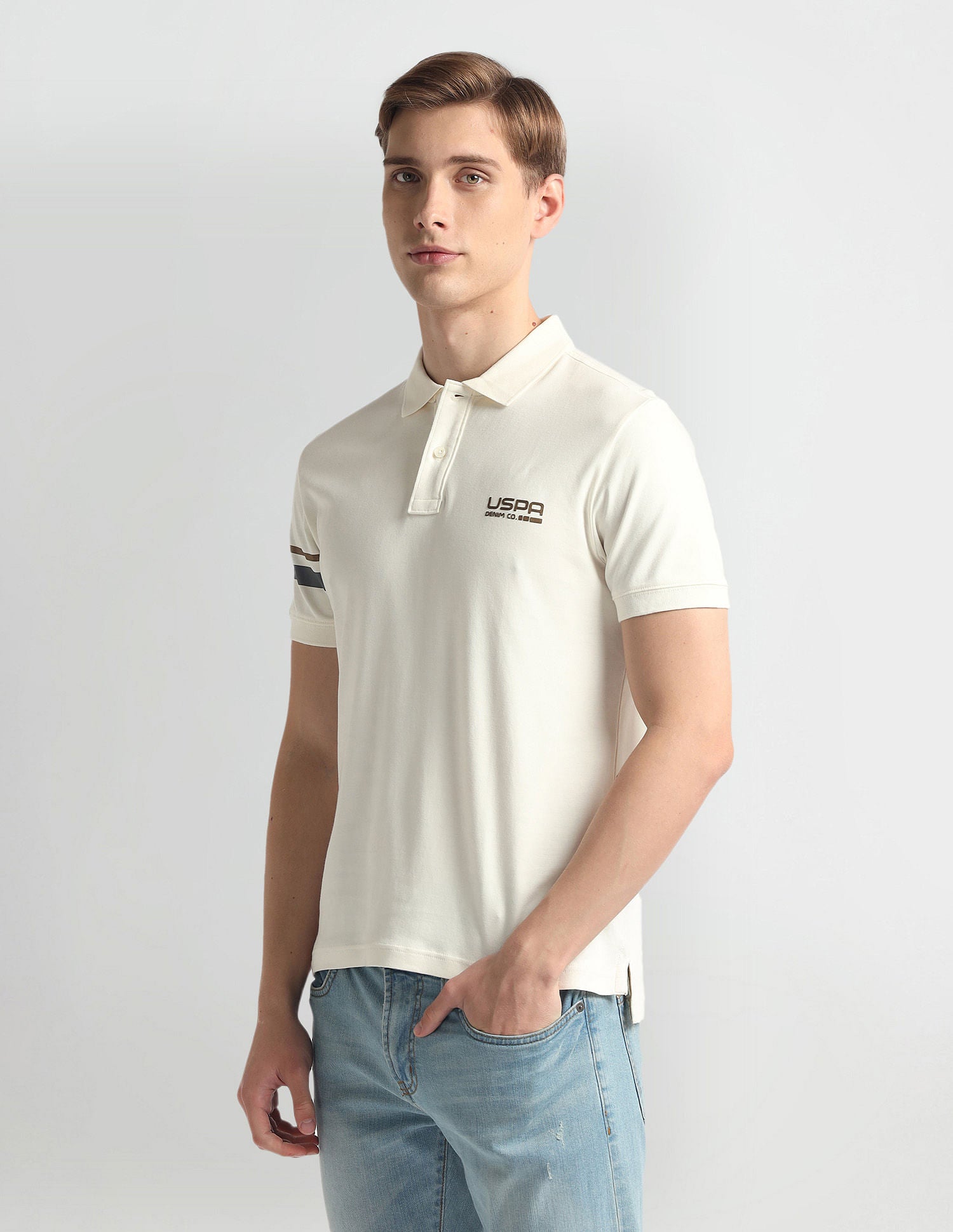 Ribbed Collar Solid Polo Shirt Ivory - U.S. Polo Assn. India | Large