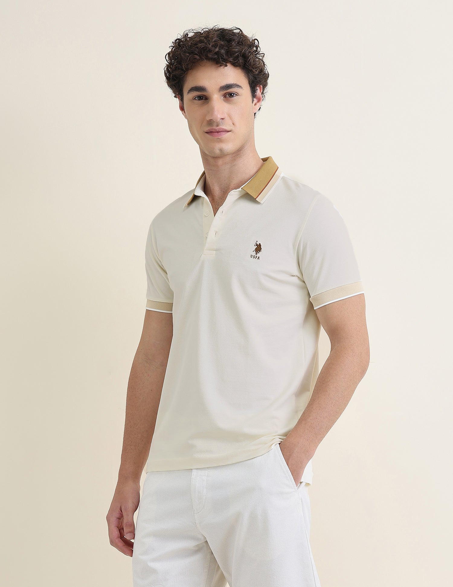 Solid Slim Fit Polo Shirt Beige - U.S. Polo Assn. India | Large