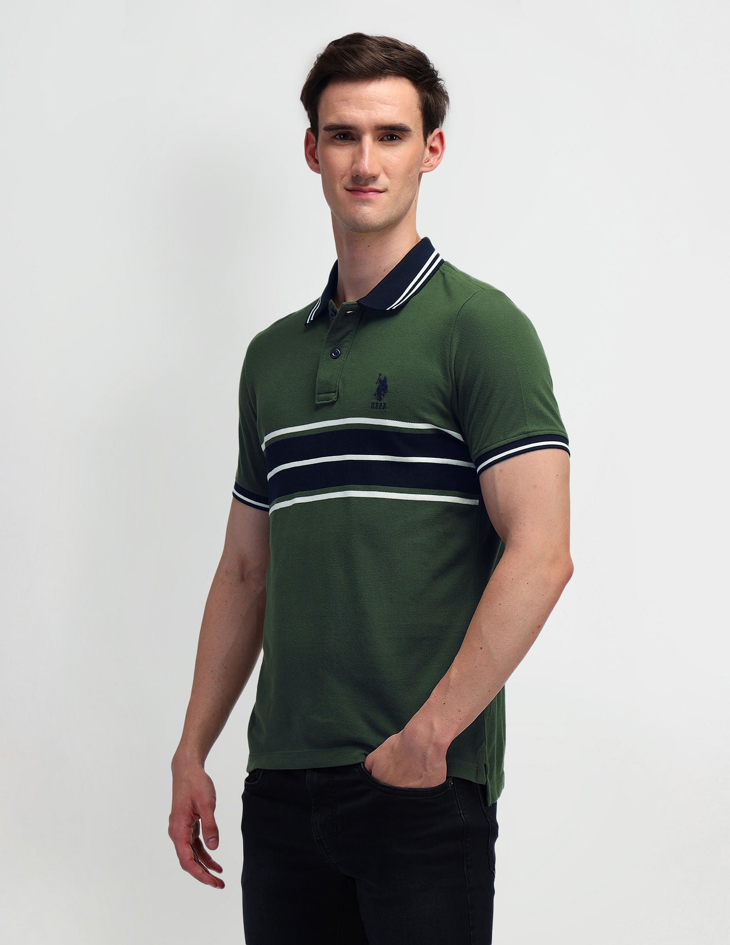 Horizontal Striped Slim Fit Polo Shirt Olive - U.S. Polo Assn. India | Large